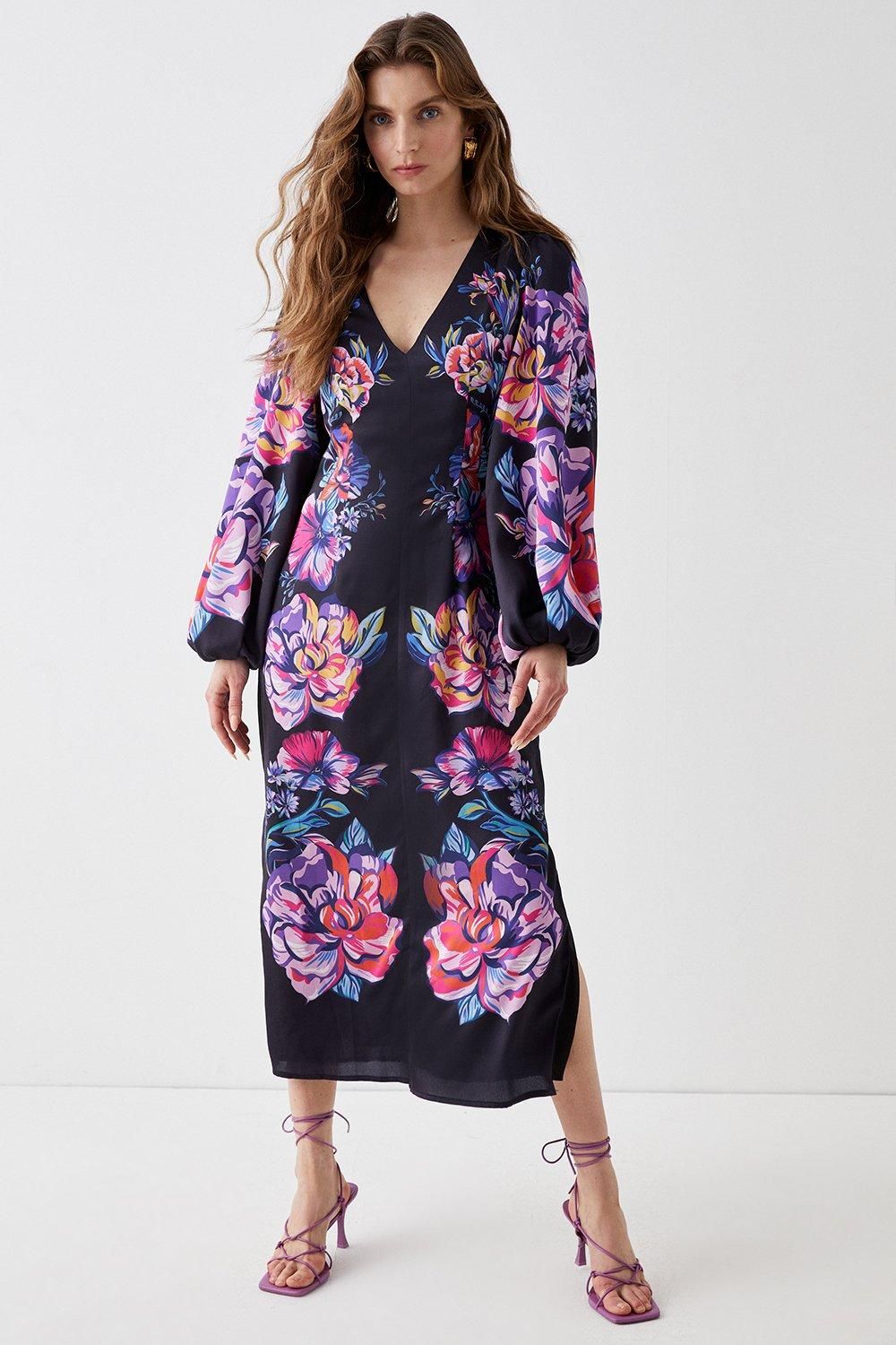 Alexandra Farmer Placement Volume Sleeve Midi Dress