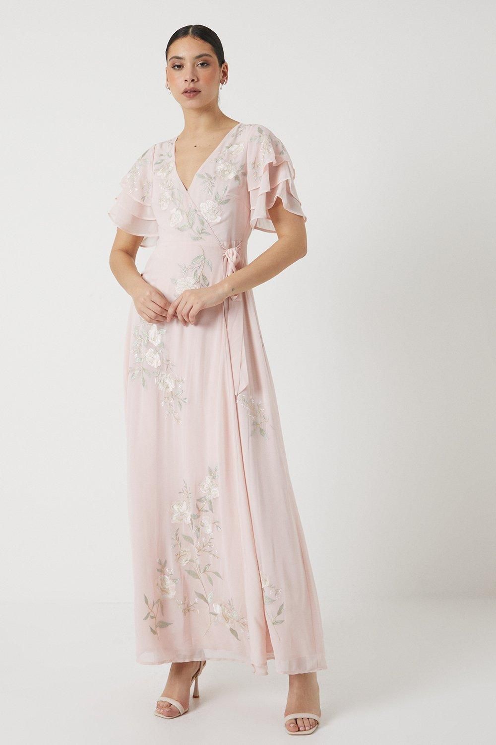 Rose Embroidered Flutter Sleeve Wrap Bridesmaid Maxi Dress