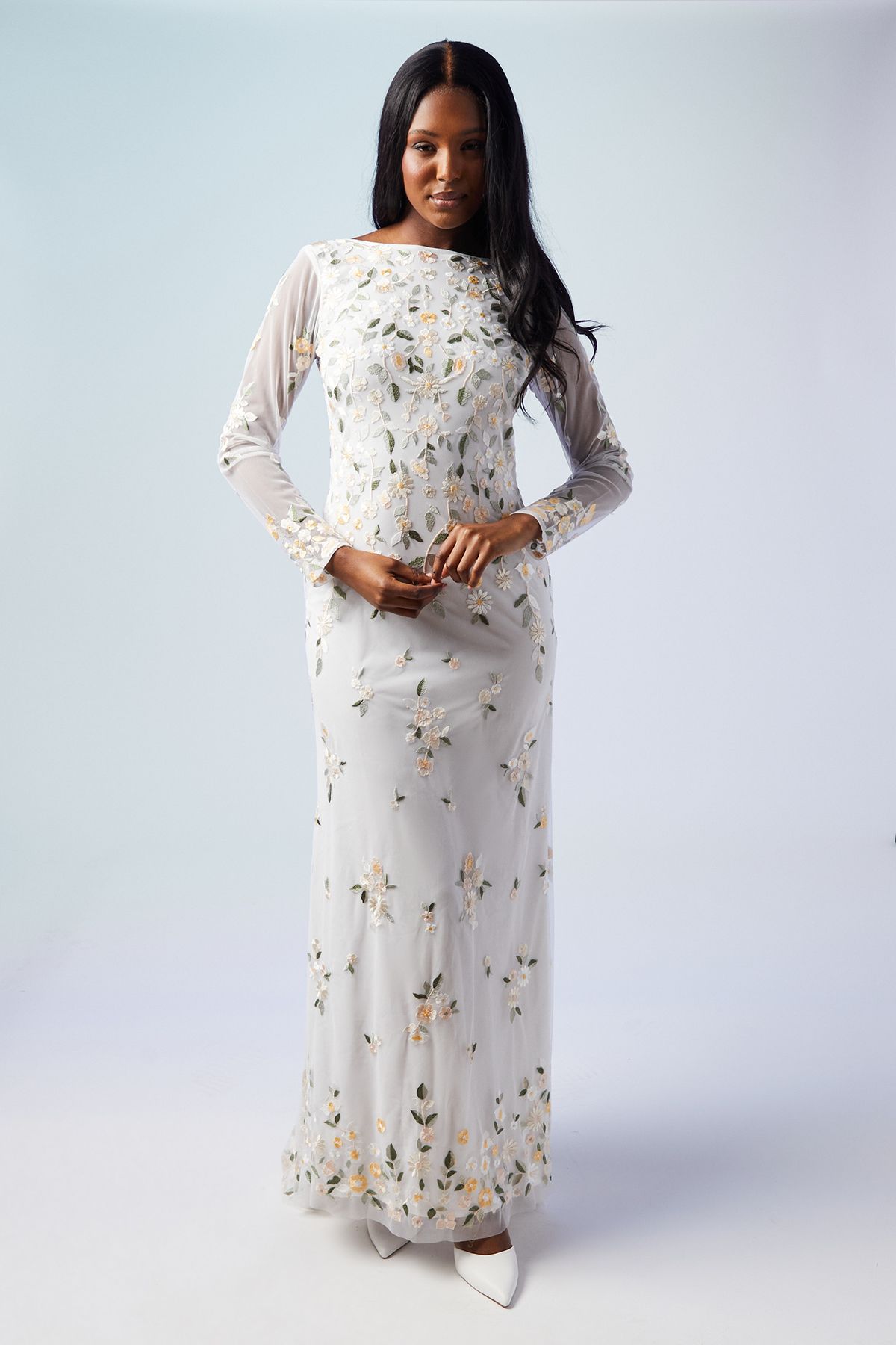 All Over Embroidered Wildflower Long Sleeve Wedding Dress