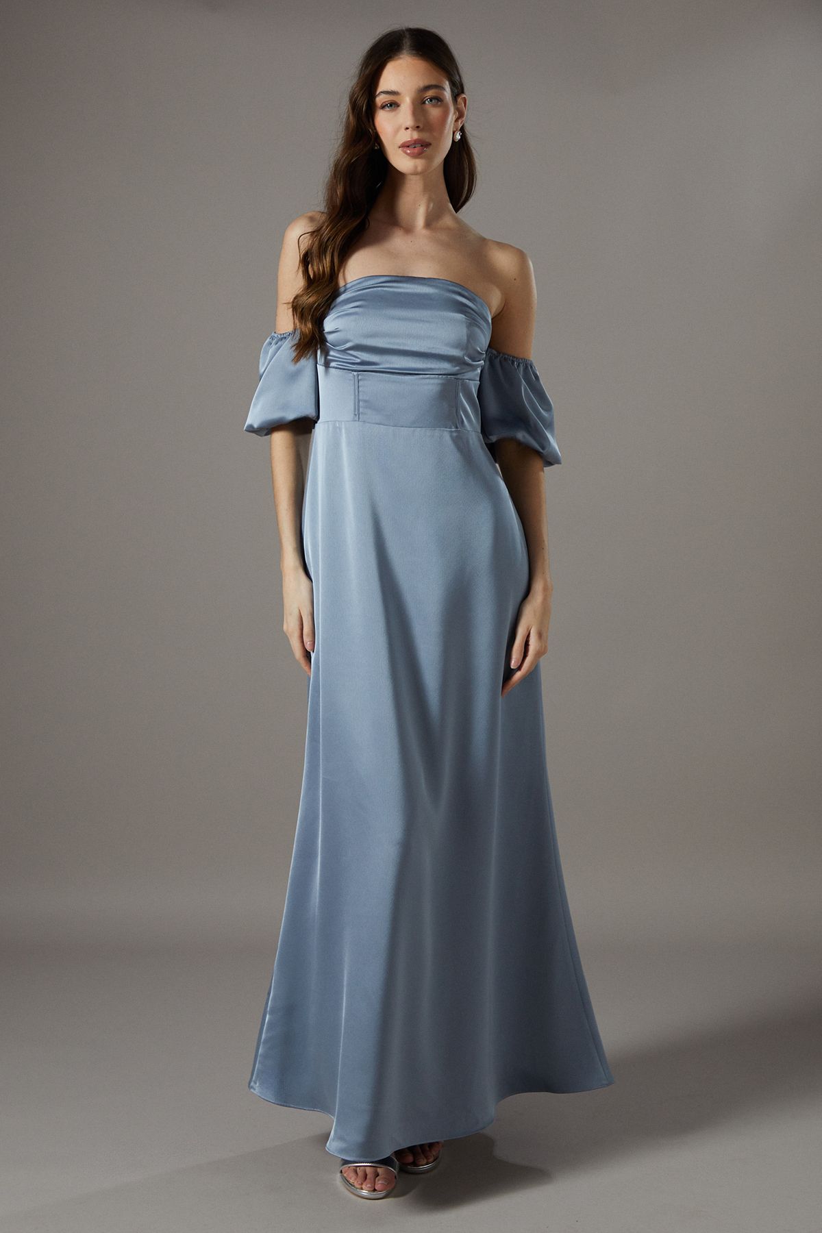 Puff Sleeve Bardot Satin Maxi Bridesmaid Dress