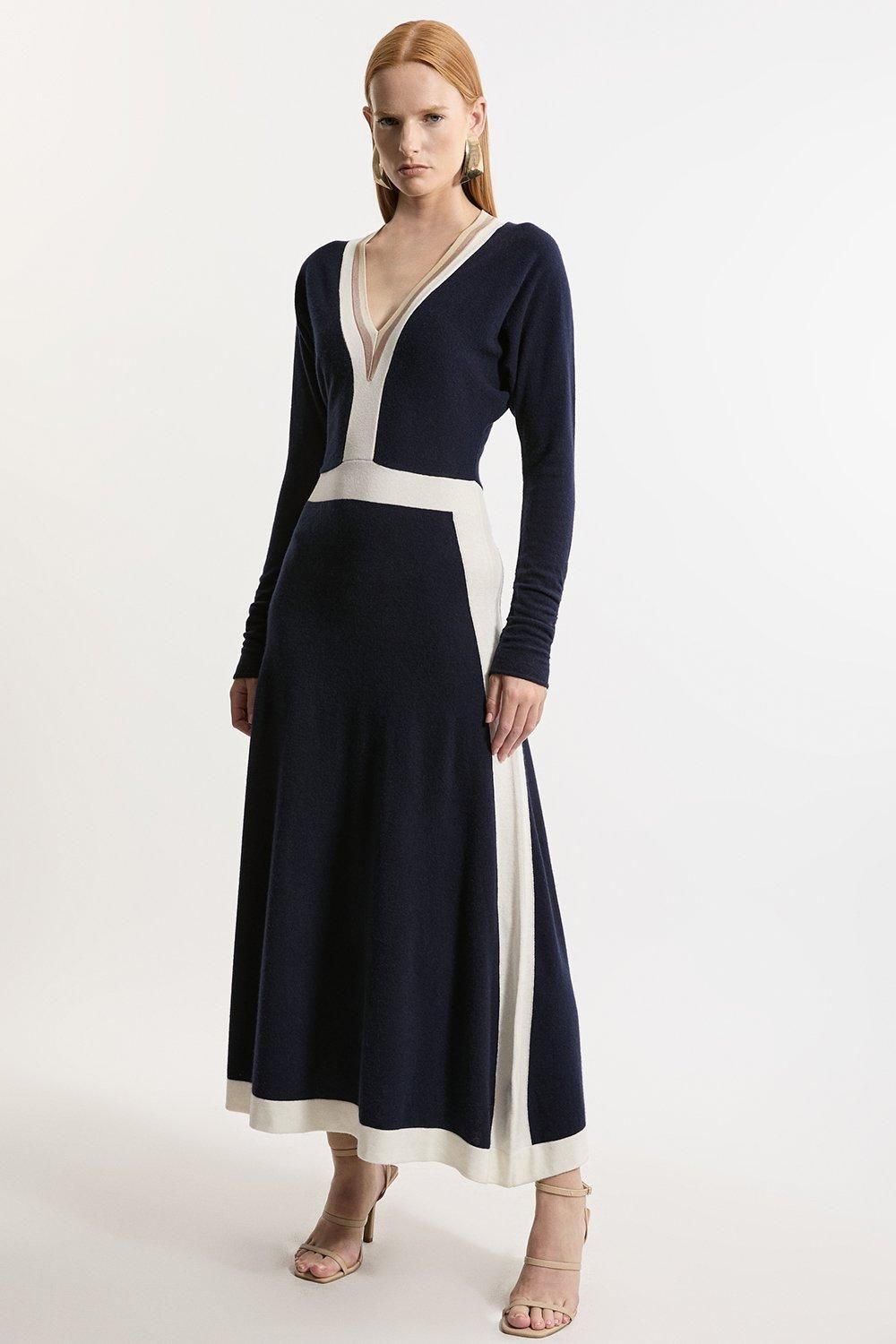Wool Blend With Cashmere V Neck Colour Block Dress