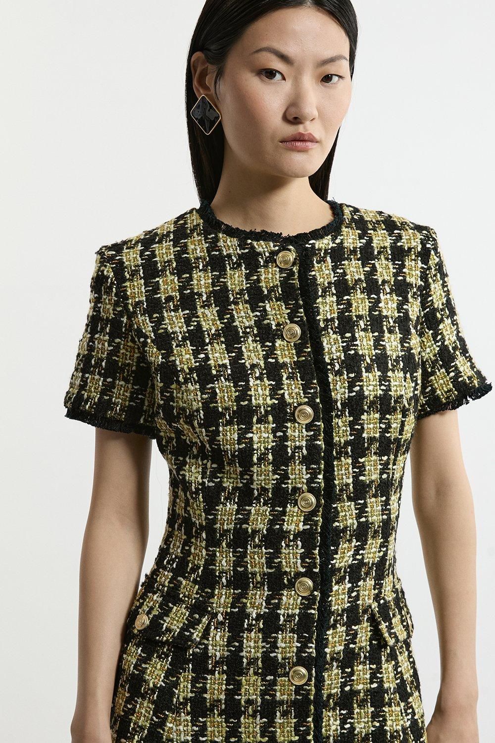 Wool Mix Boucle Check Tailored Mini Dress