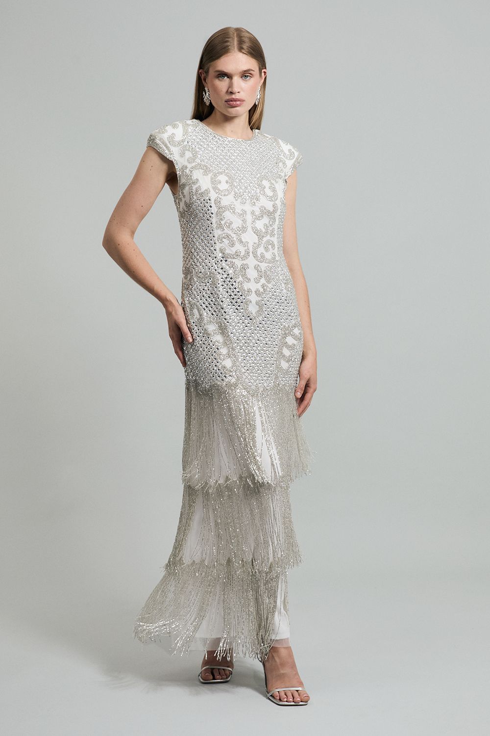 Premium Crystal Embellished Fringe Maxi Dress