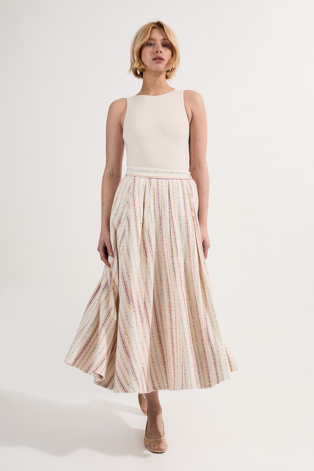 Premium Woven Stripe Tailored Pleated Midi Skirt