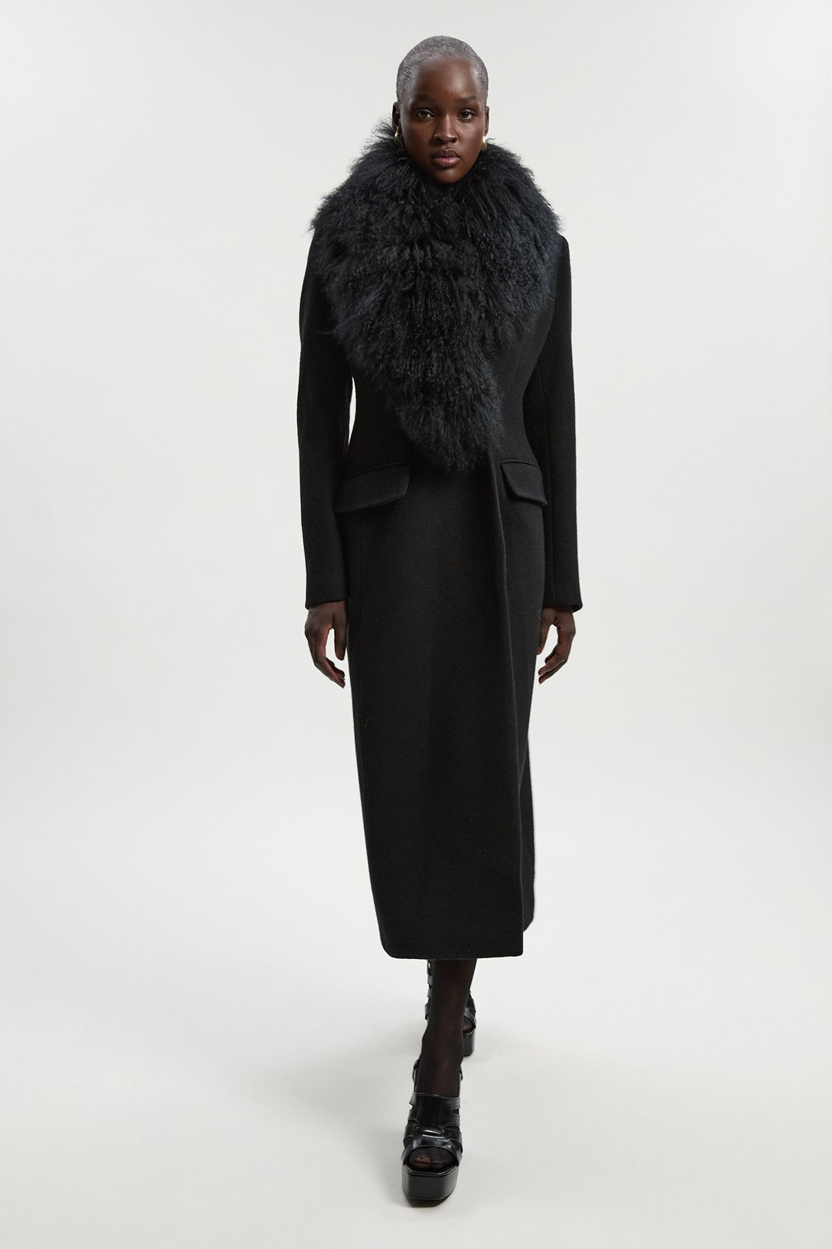 Wool Detachable Fur Collar Tailored Double Breasted Midi Coat
