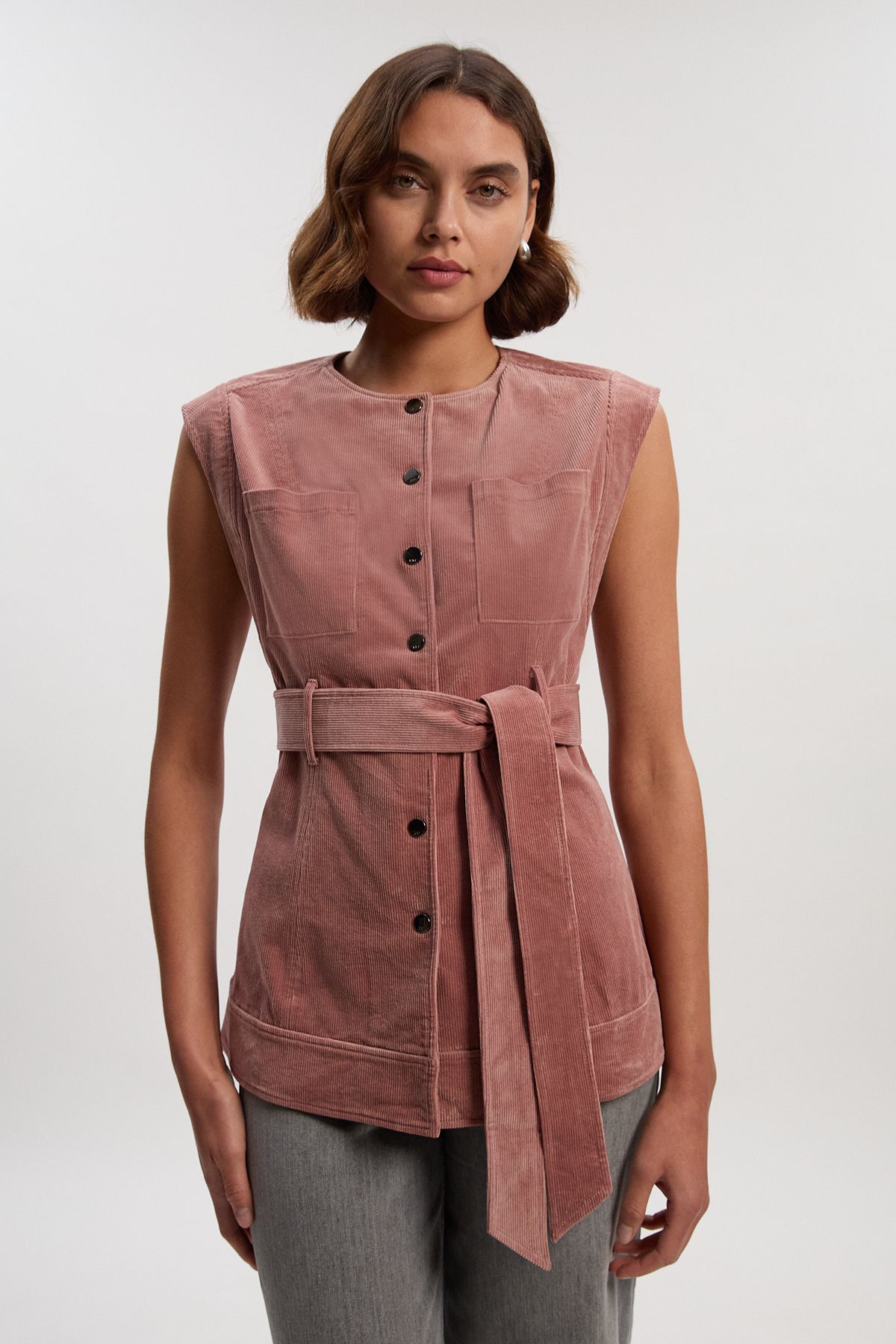 Stretch Cord Belted Sleeveless Jacket