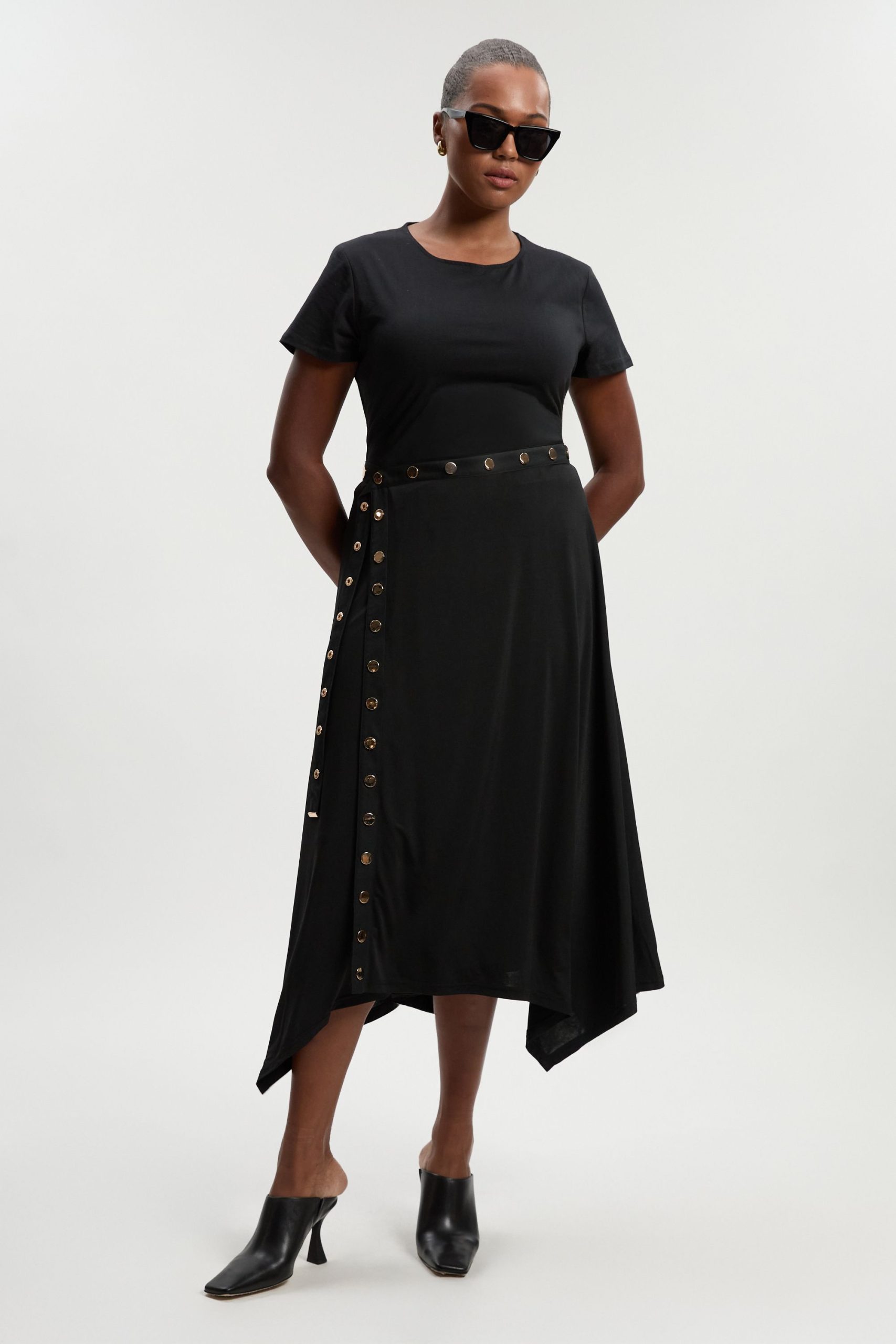 Plus Size Drapey Crepe Hanky Hem Eyelet Detail Maxi Skirt