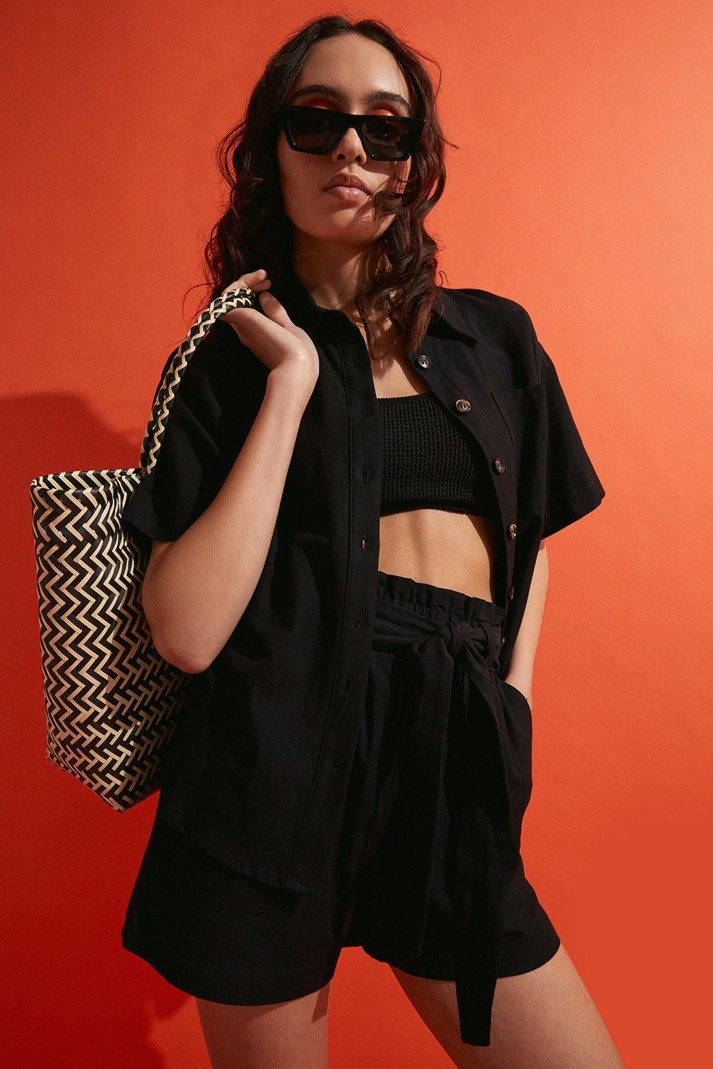 Linen Mix Paperbag Tie Waist Short