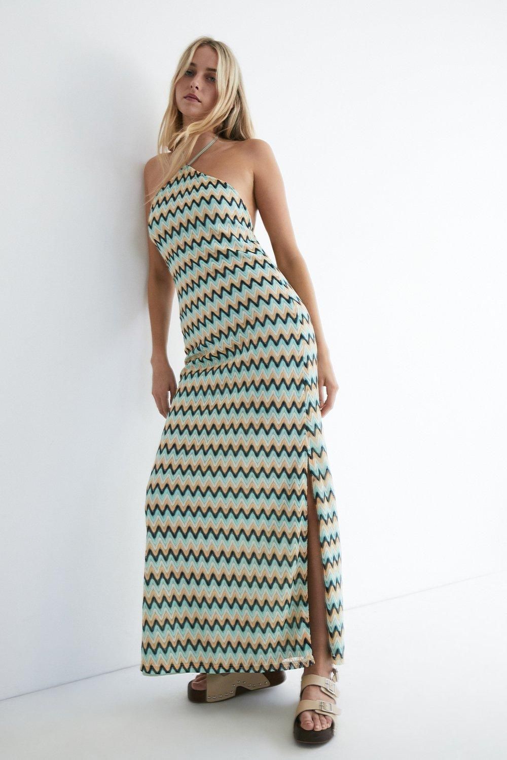 Zig Zag Stitchy Stripe Halter Neck Maxi Dress