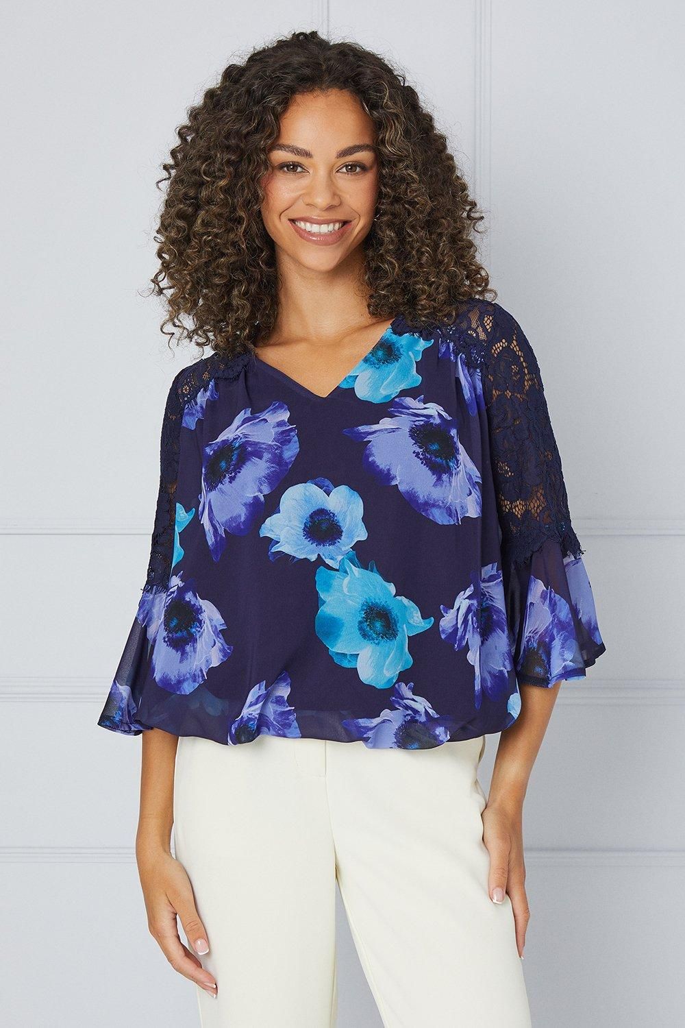 Printed Lace Trim Flute Sleeve Blouse