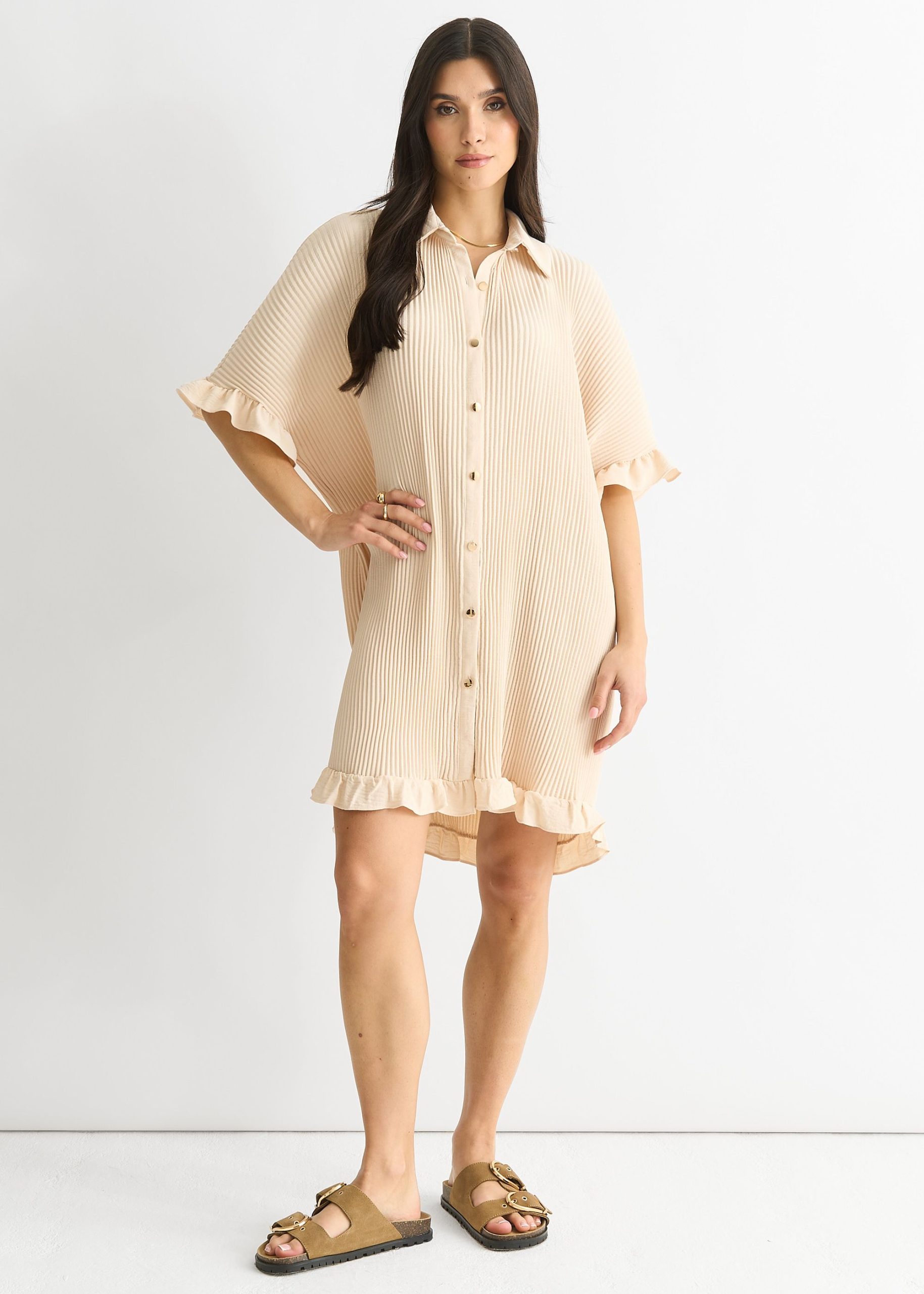 Beige Plisse Frill Detail oversized Shirt Dress