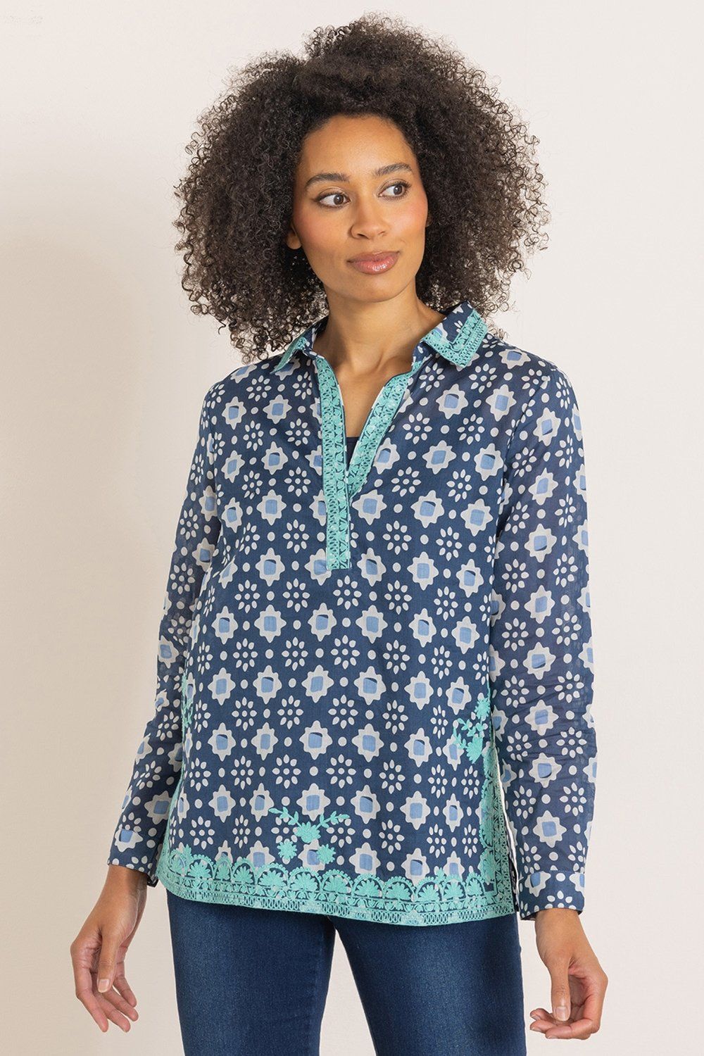 Embroidered Printed Long Sleeve Cotton Top