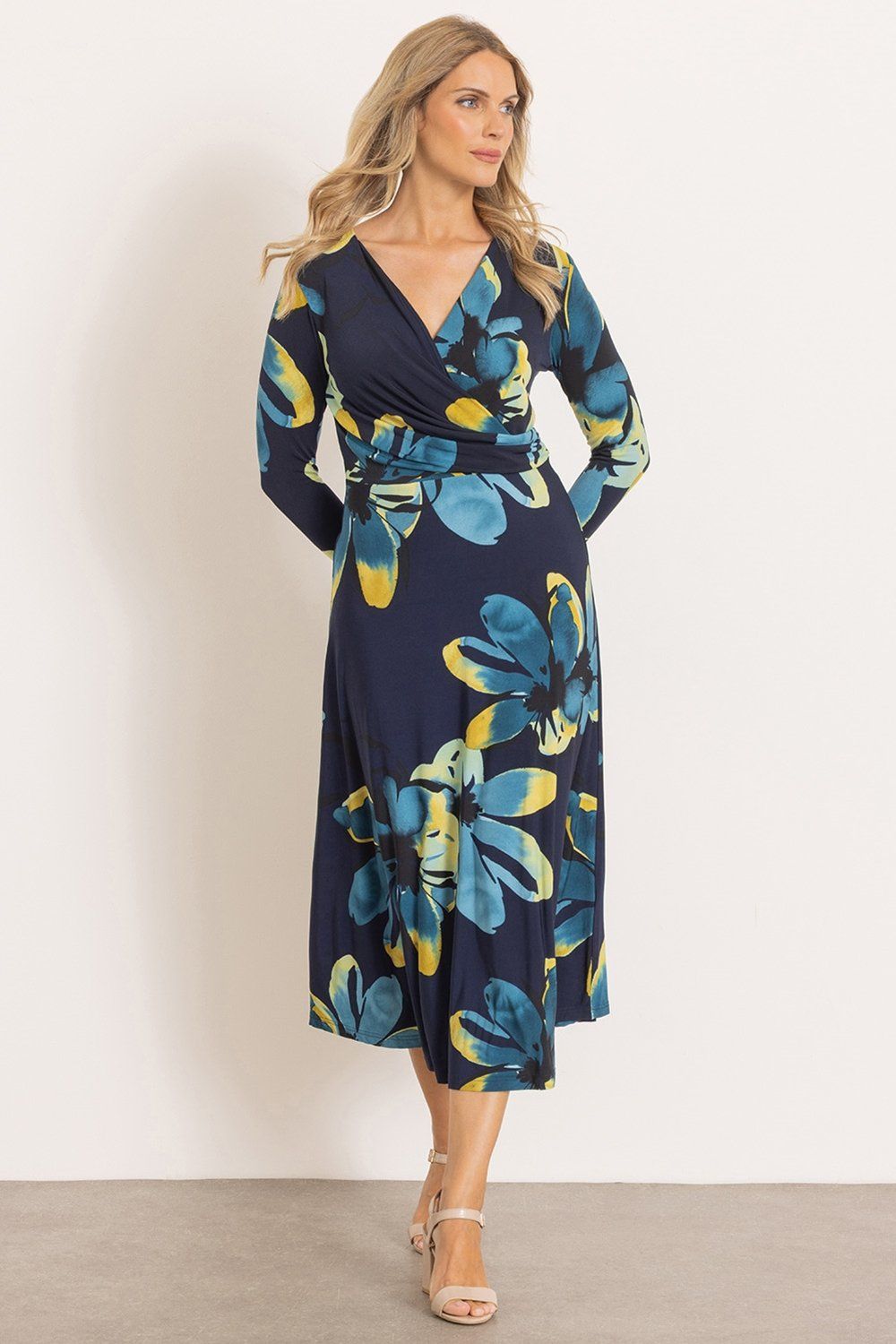 Wrap Around Floral Long Sleeve Midi Dress