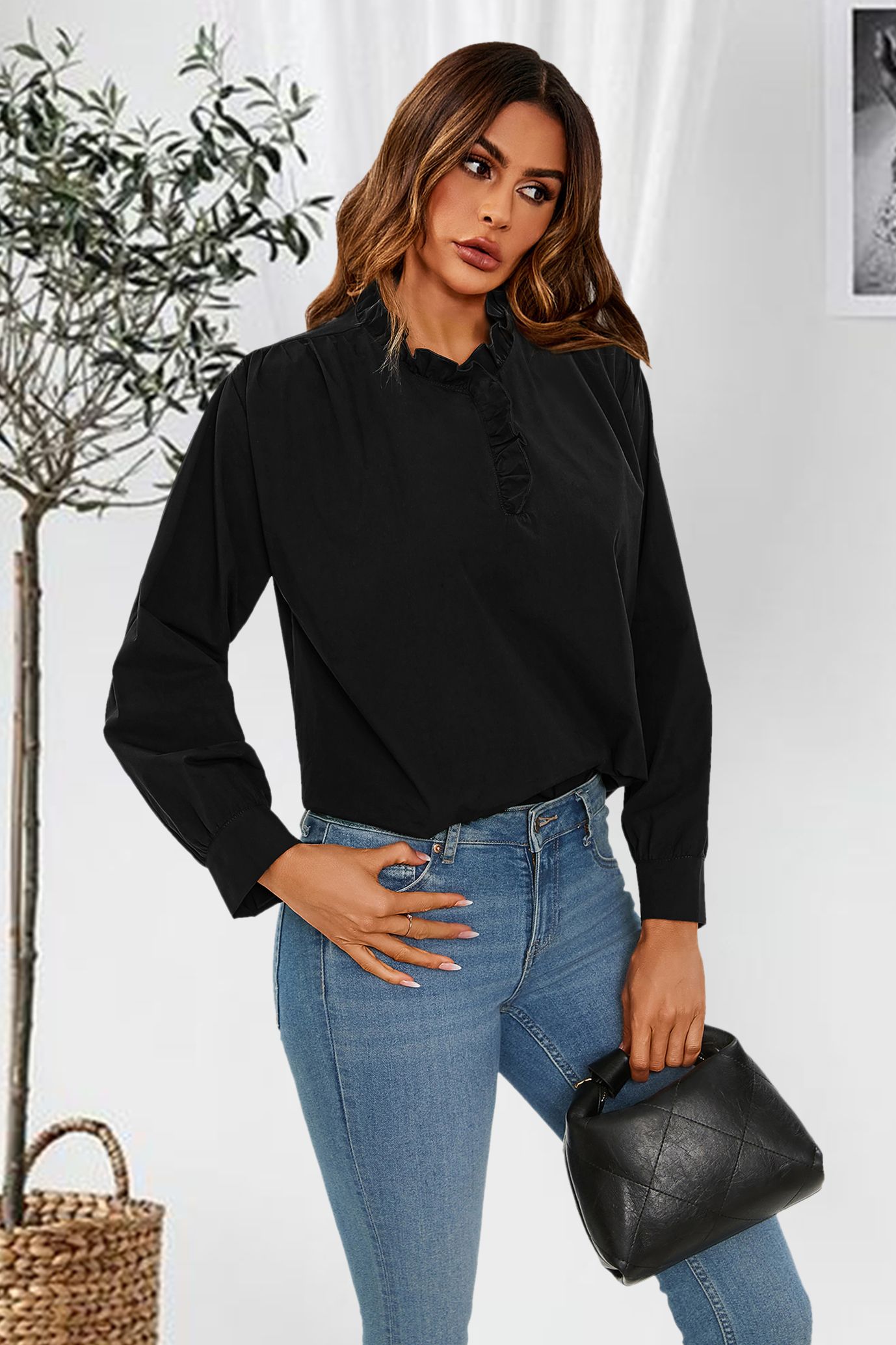 Cotton Frill High Neck Long Sleeve Blouse In Black