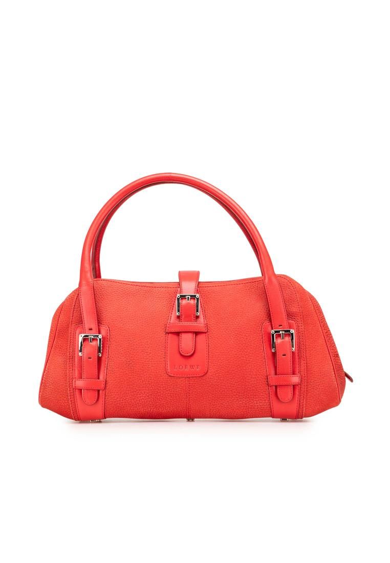 Preloved Elegant Leather Top Handle Bag with Buckle Details-