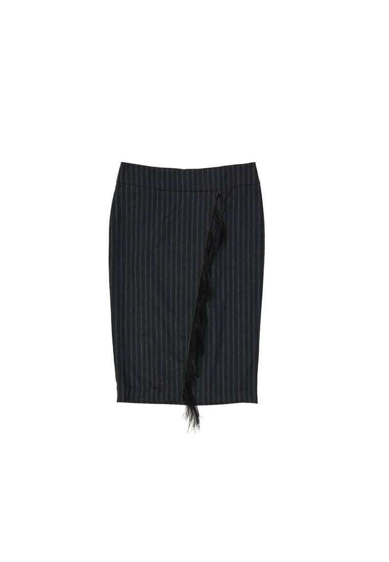 Wool Striped Skirt with Front Deep Vent and Back Zip Closure-