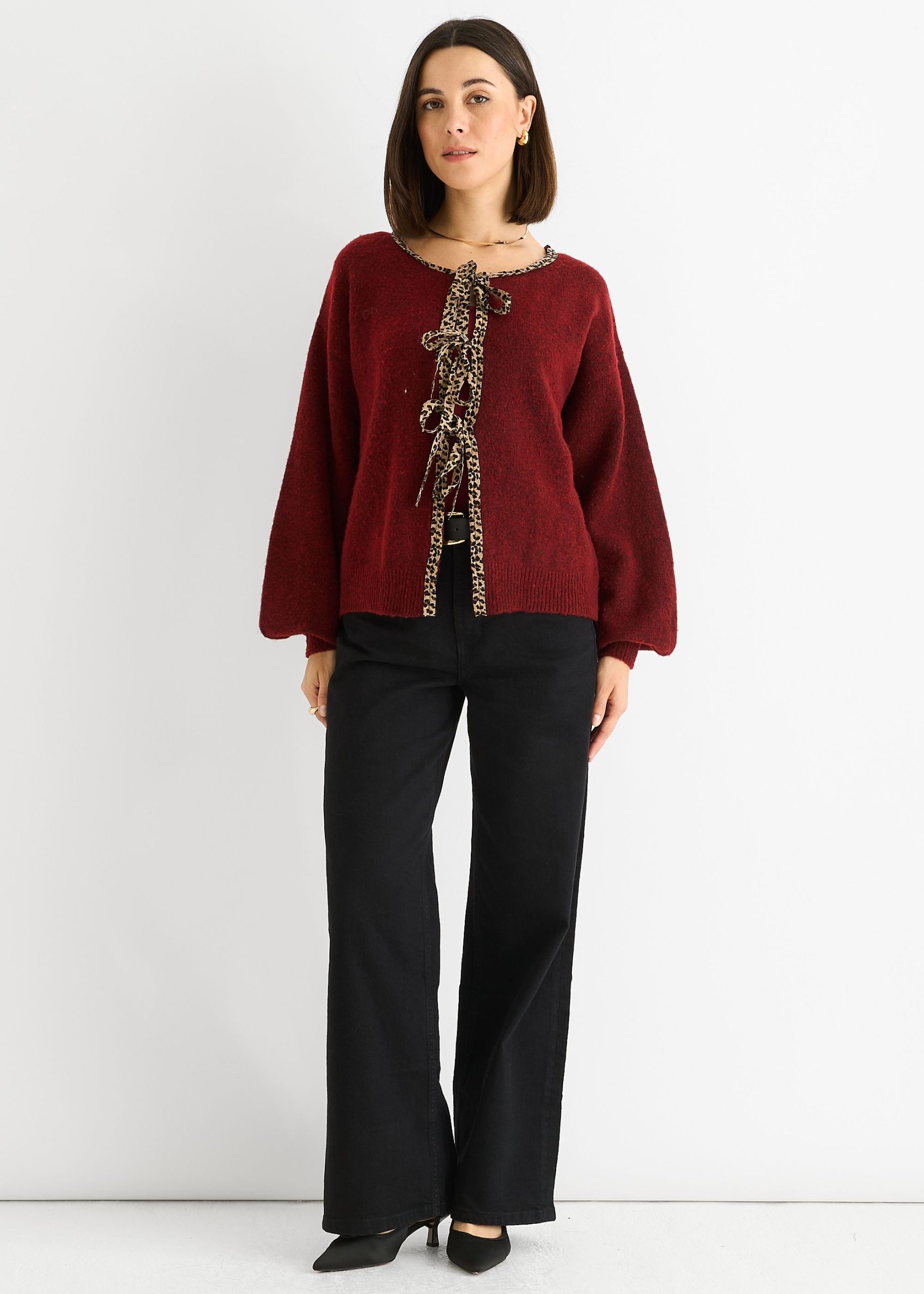 Burgundy Contrast Animal Tie Oversized Knit Cardigan