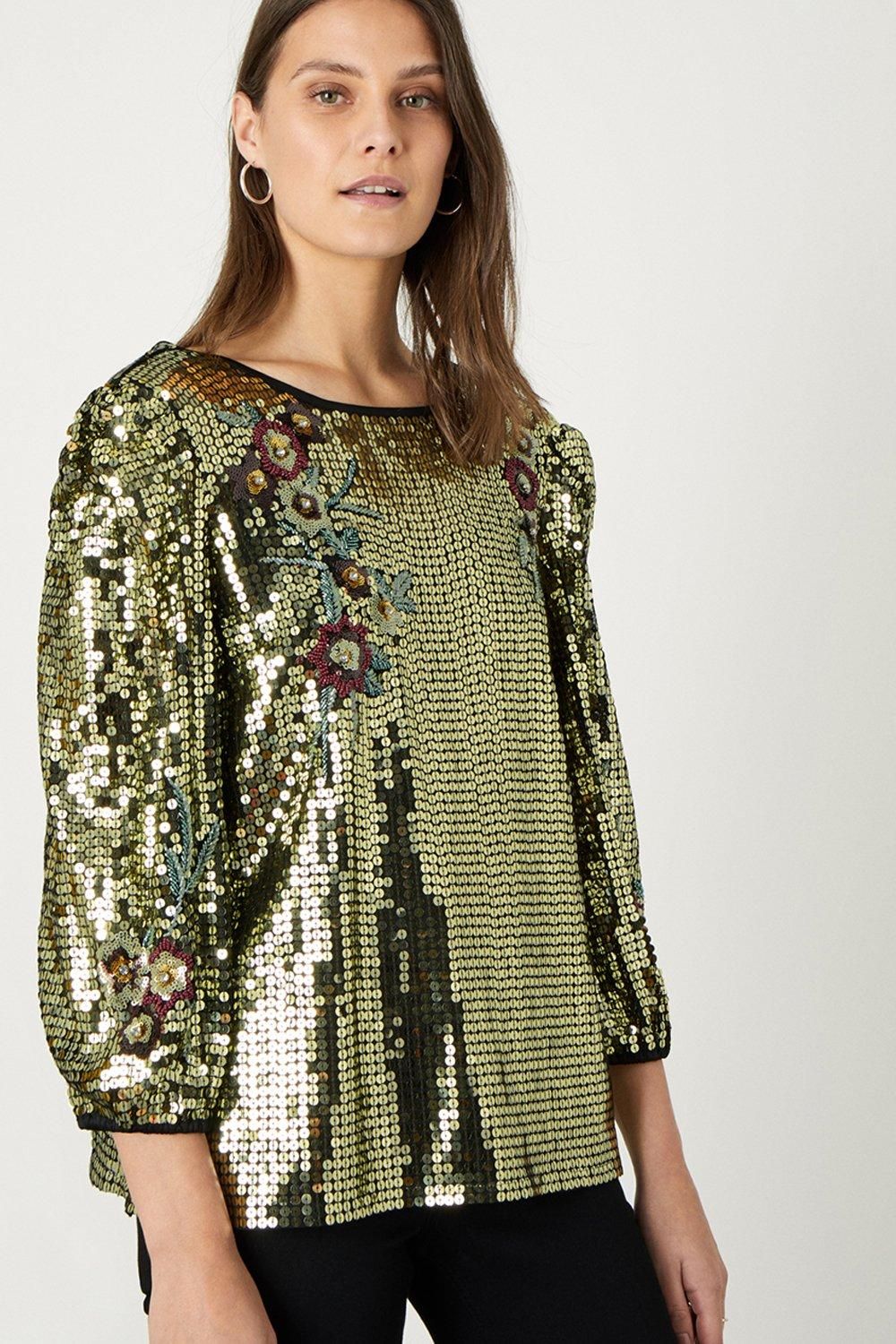 'Celia' Sequin Crop-Sleeve Blouse
