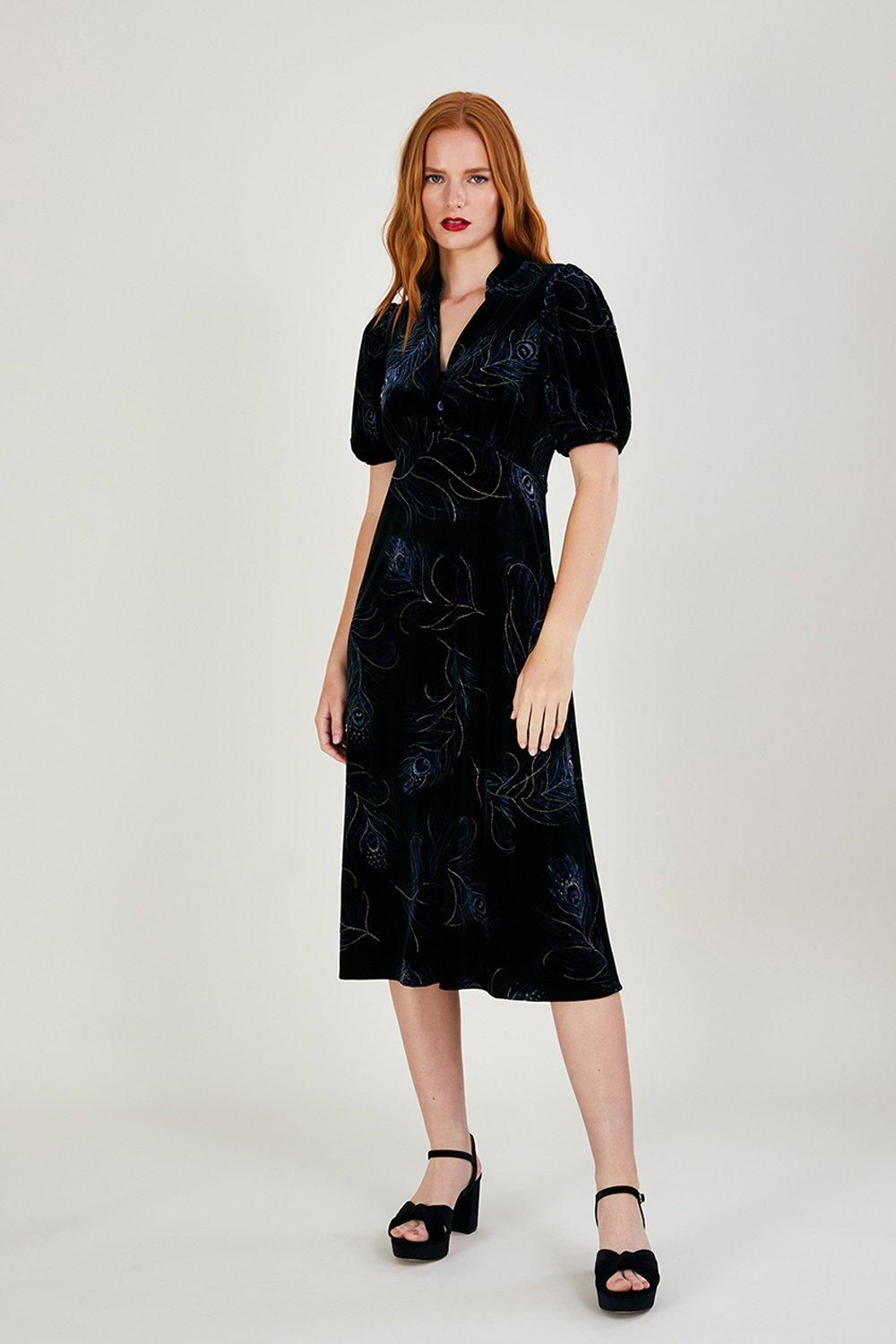 'Fleur' Feather Print Velvet Midi Dress