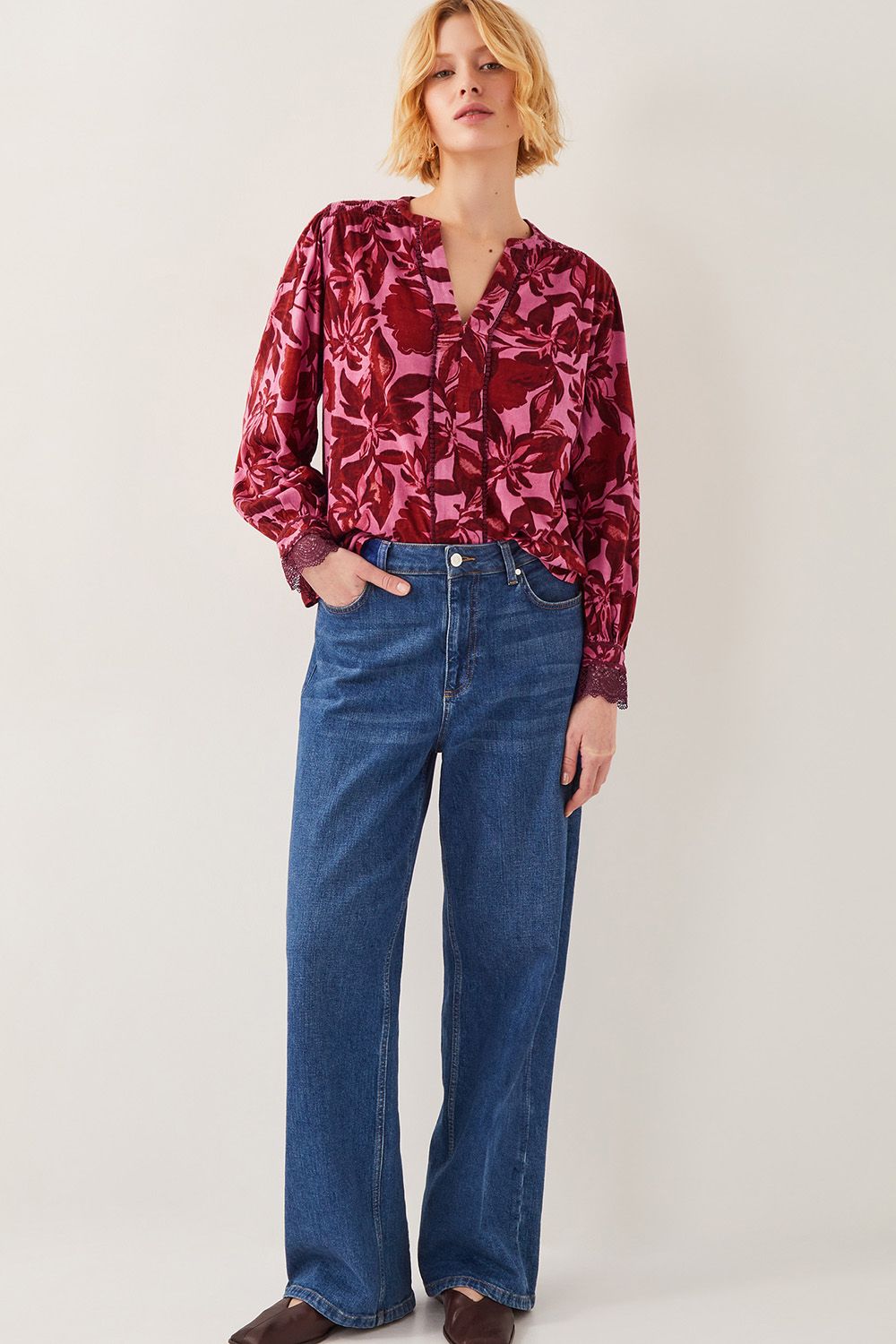 Aimee Floral Print Jersey Blouse Pink