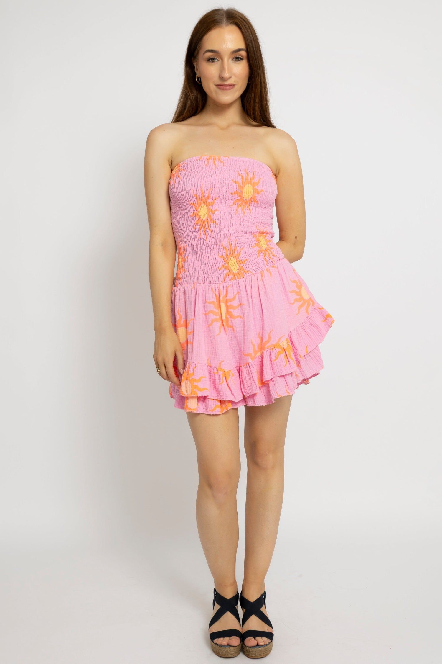 Sunny Print Smocked Playsuit Mini Dress