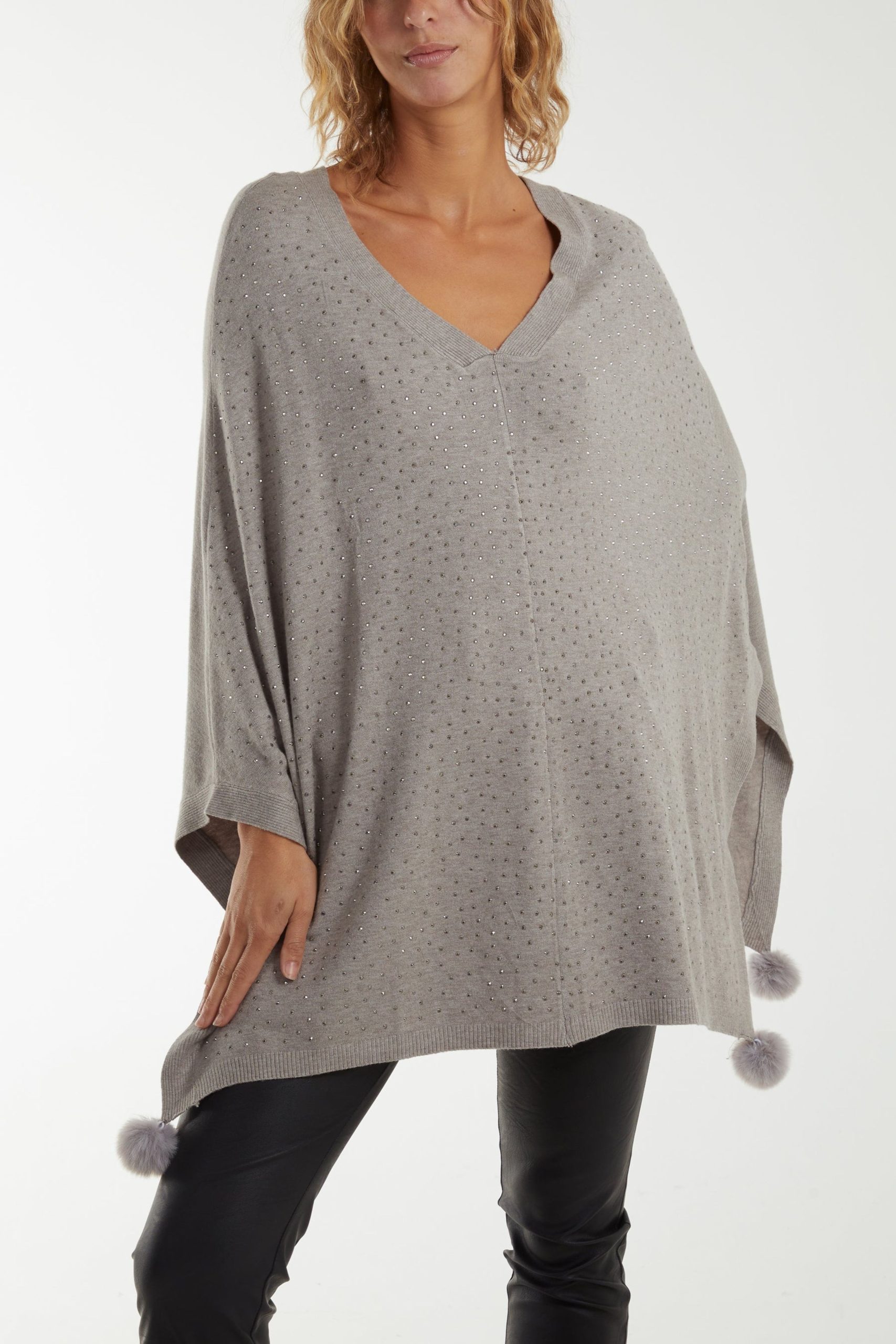 Taupe Faux Fur Tassled Diamante Poncho