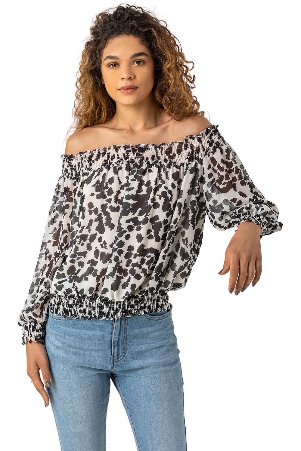 Shirred Animal Print Bardot Chiffon Top