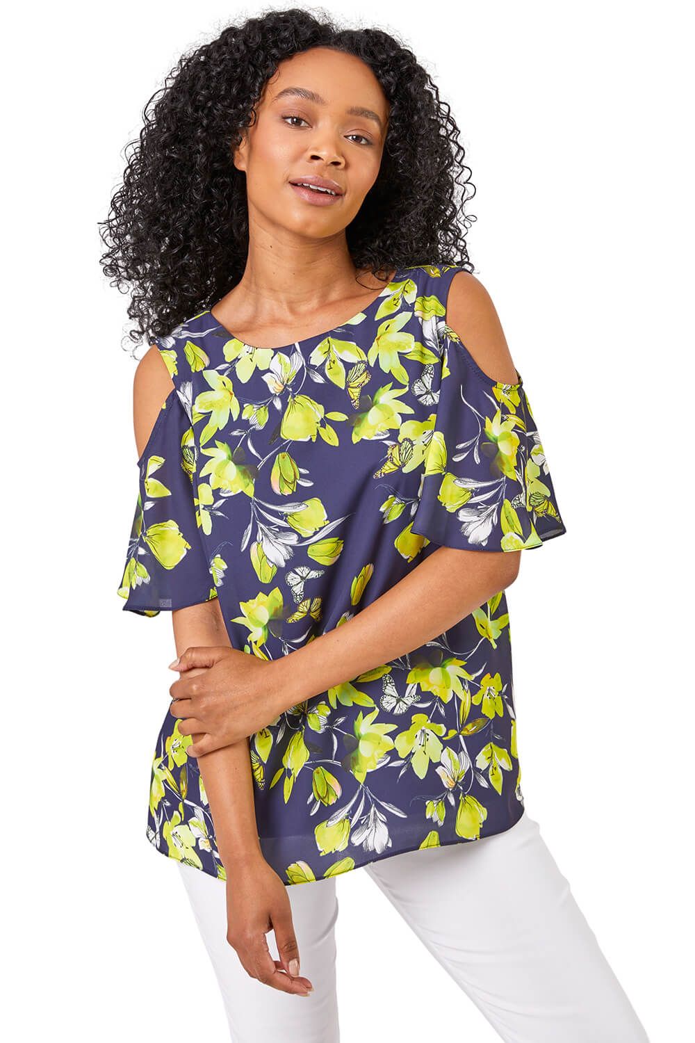 Petite Floral Print Cold Shoulder Chiffon Top