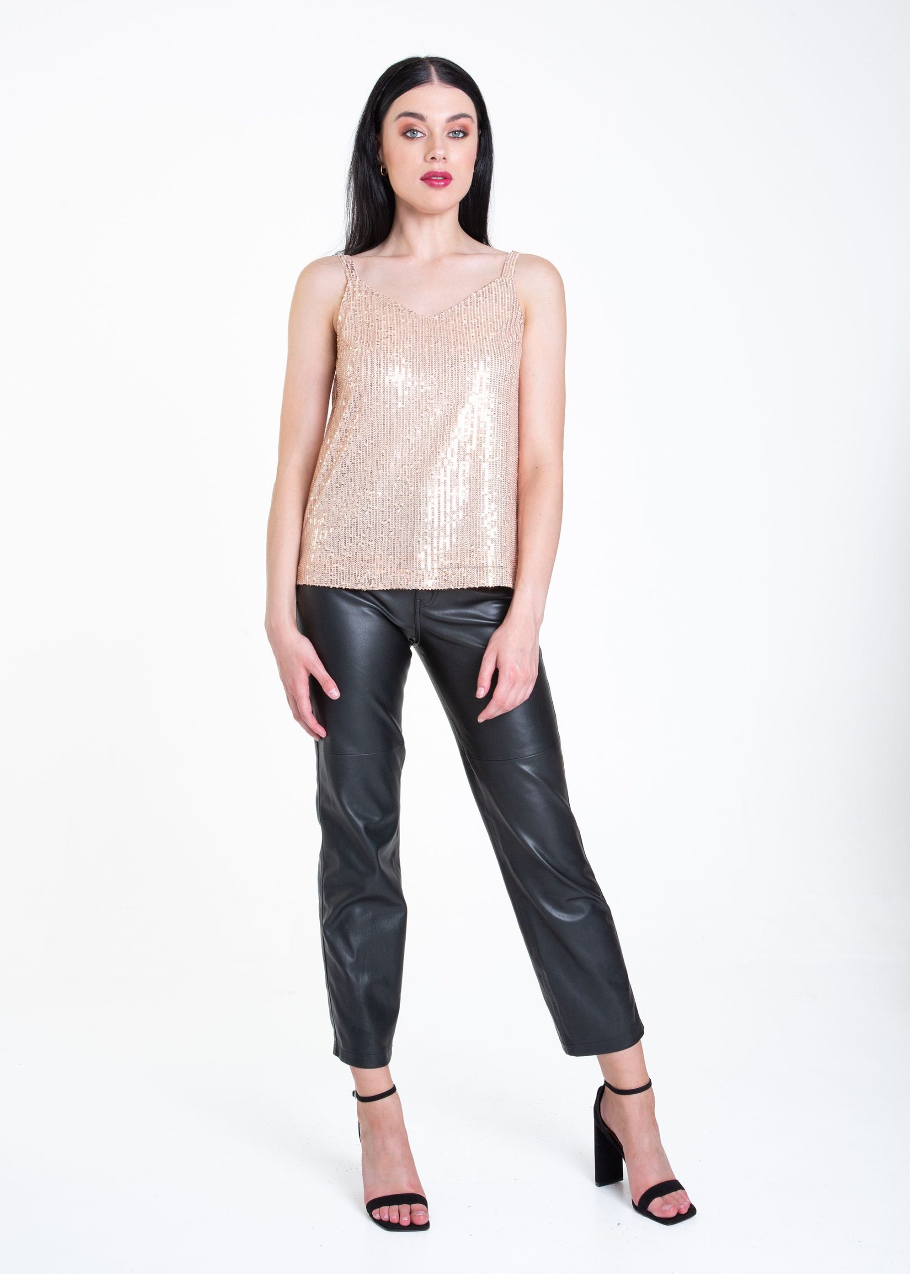 Champagne Sequin V Neck Cami Top