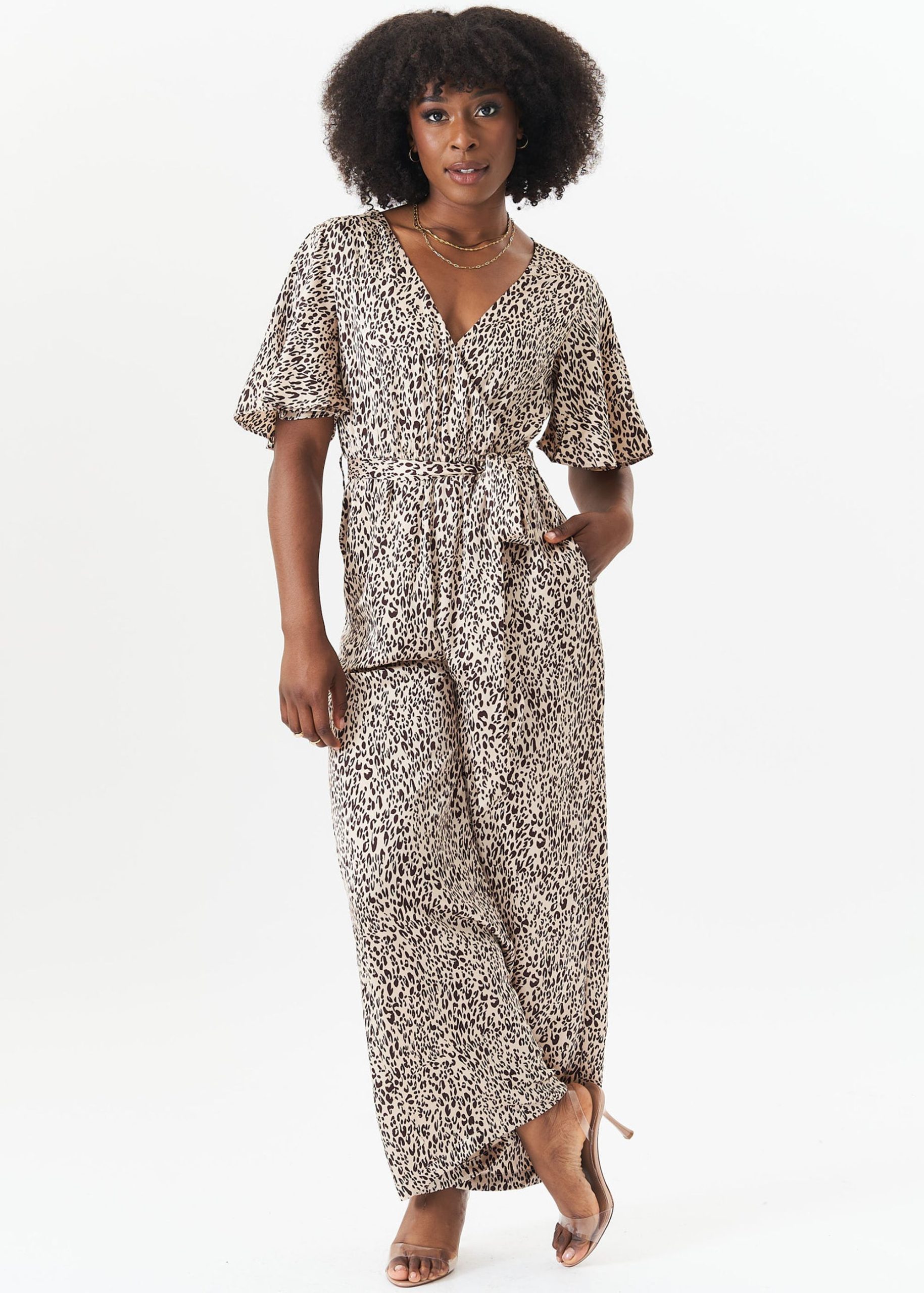 Tan Satin Animal Angel Sleeves Wrap Jumpsuit