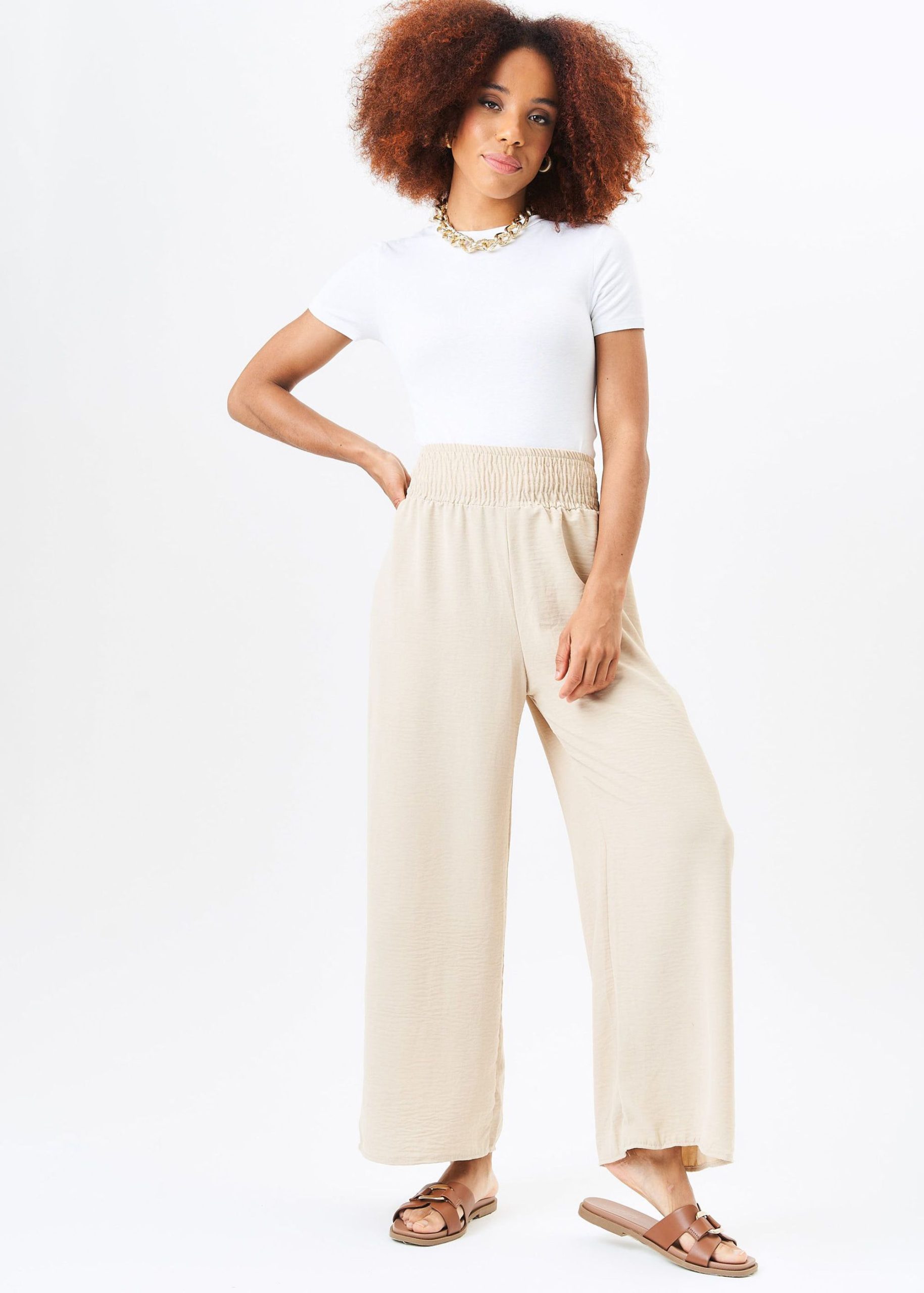 Beige Shirred Waist Wide Leg Trousers