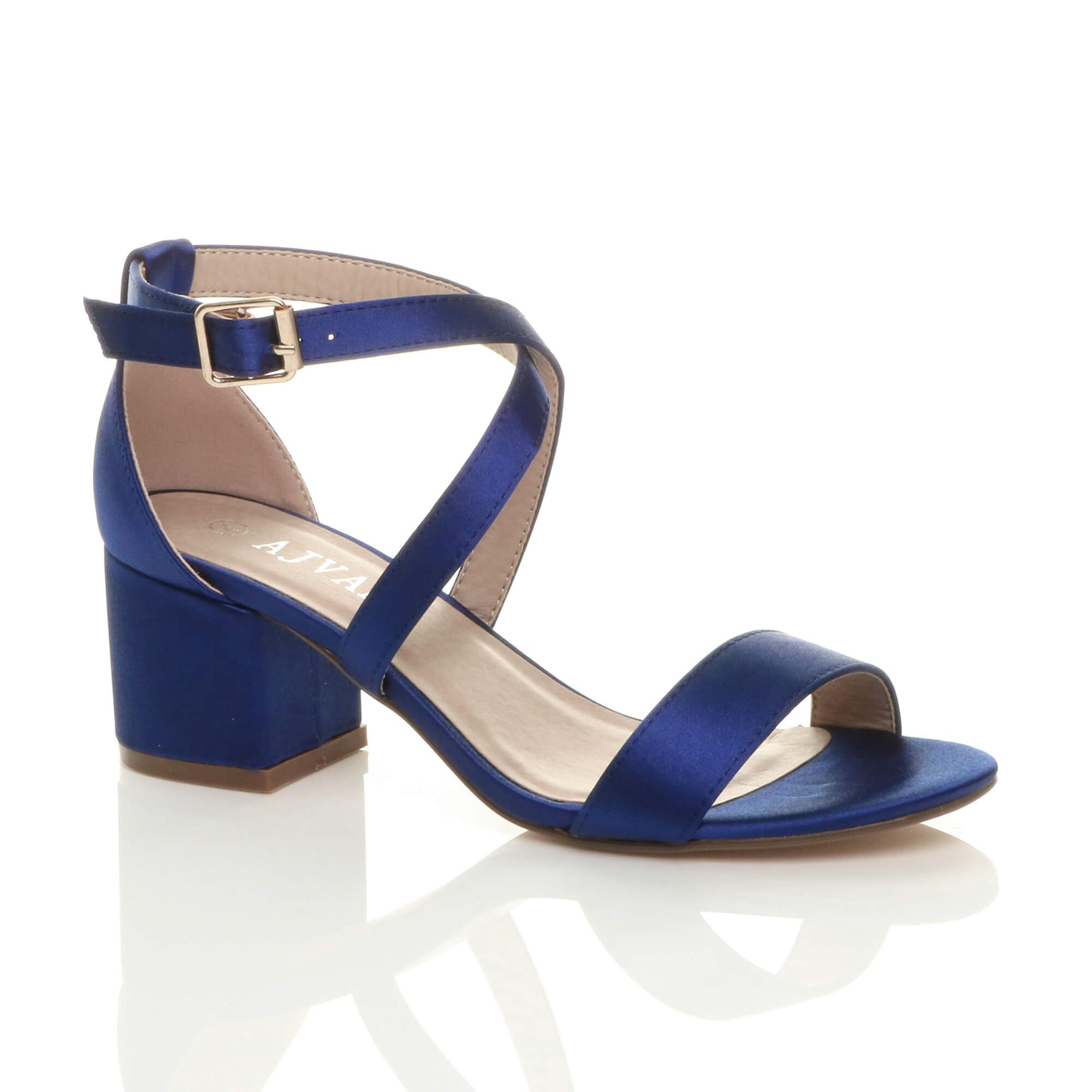 Mid Block Heel Crossed Straps Satin Heeled Sandals
