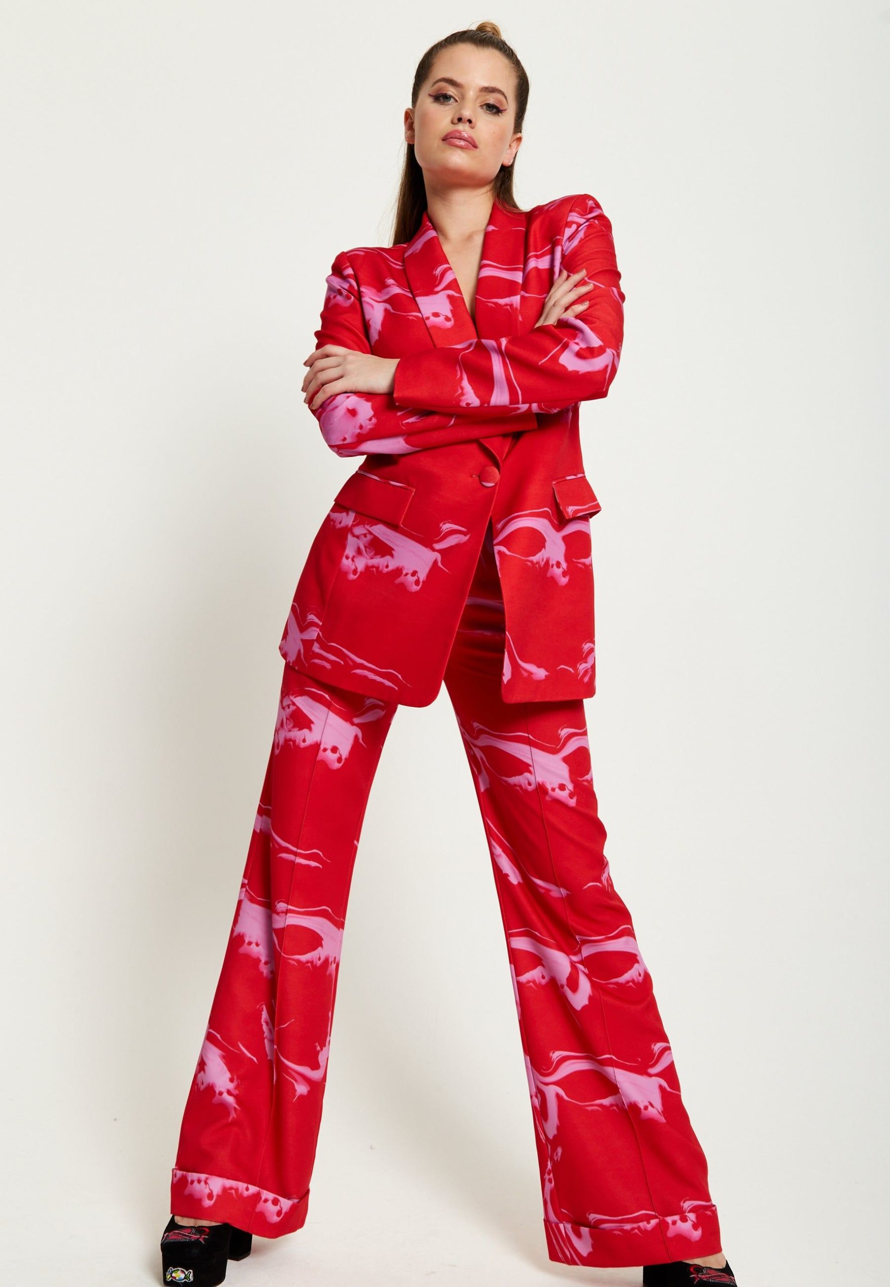 Marble Print Suit Trouser In Red And Pink