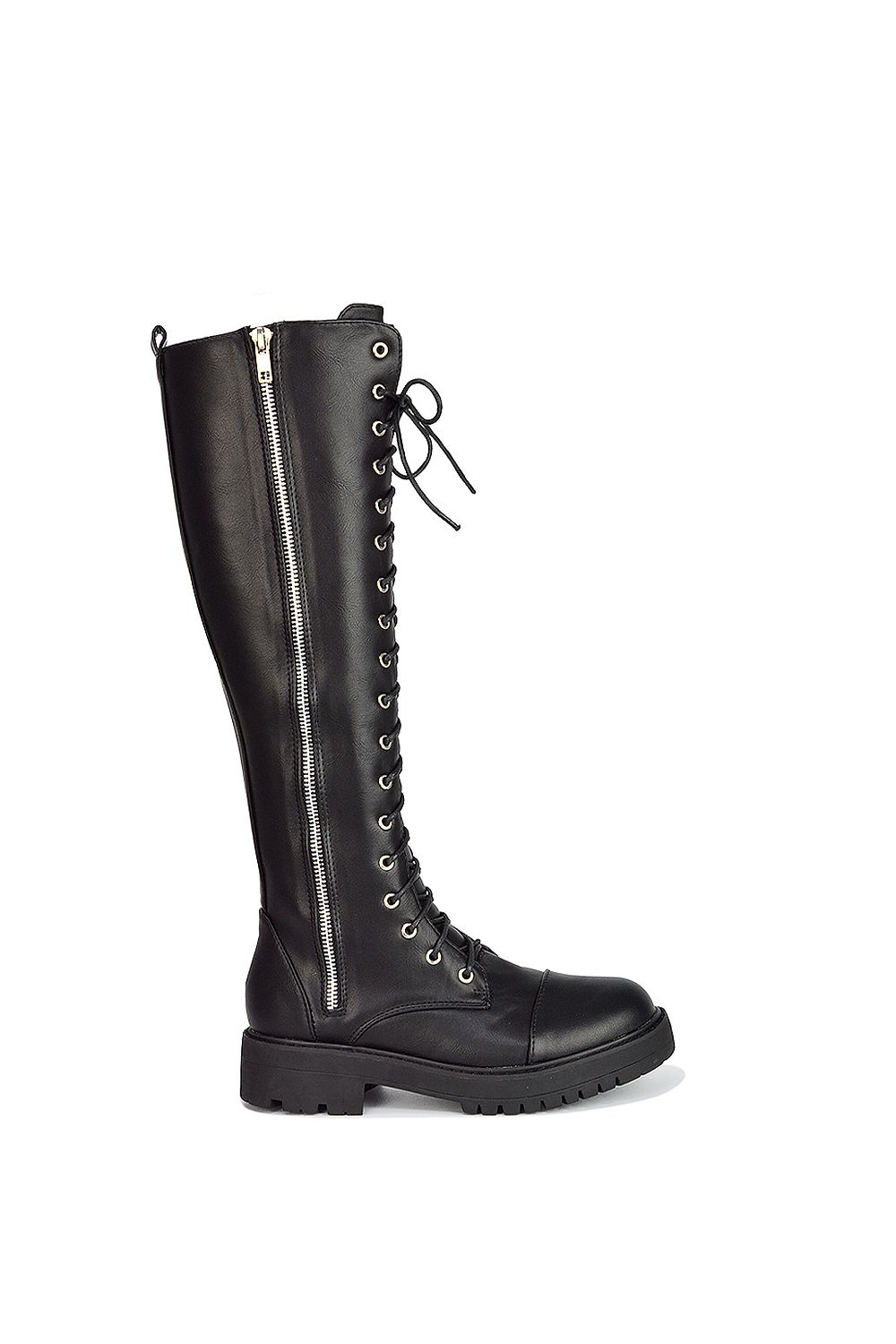 'Ada' Chunky Lace Up Knee High Boots With Deco Zip