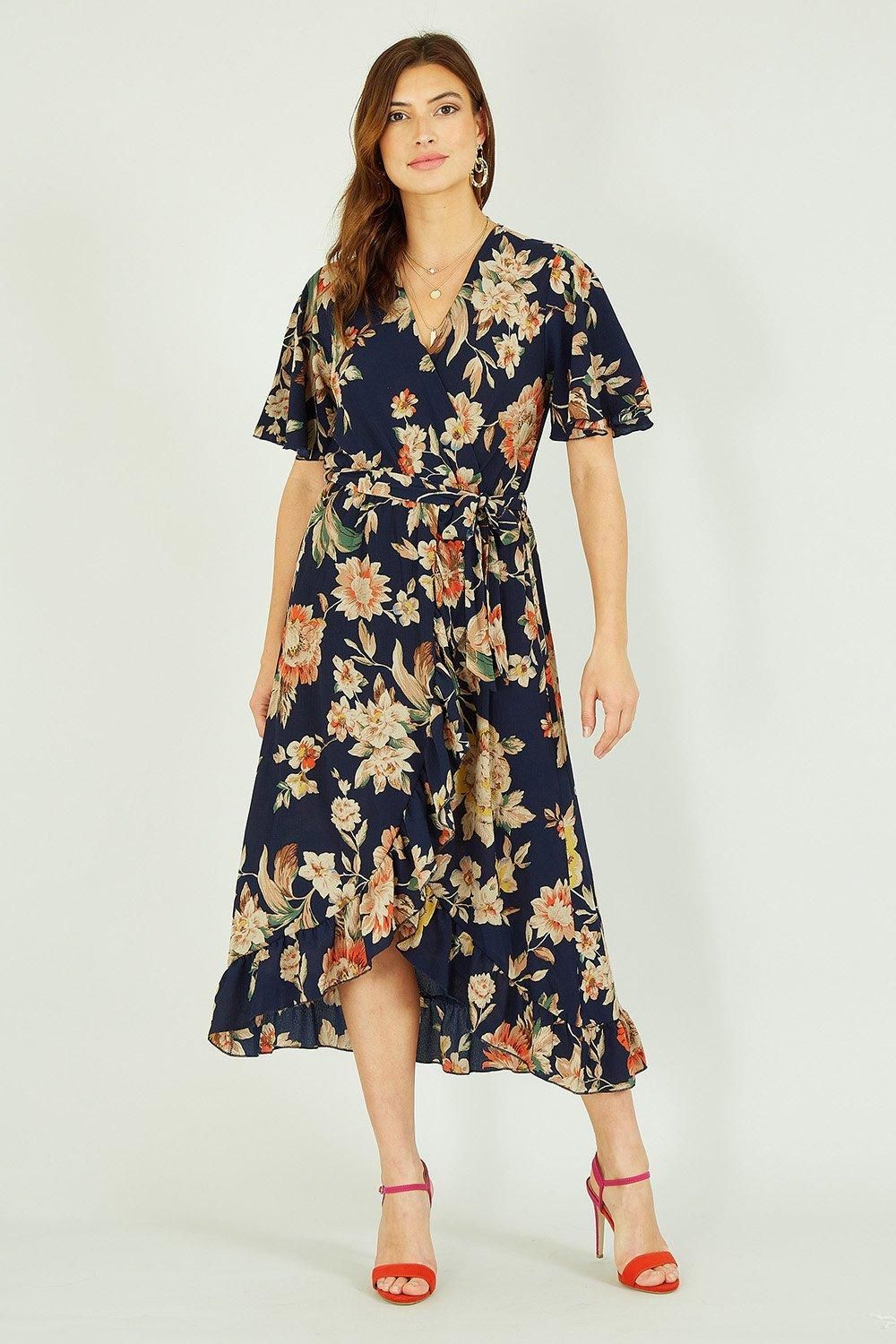 Winter Floral Wrap Midi Dress In Navy