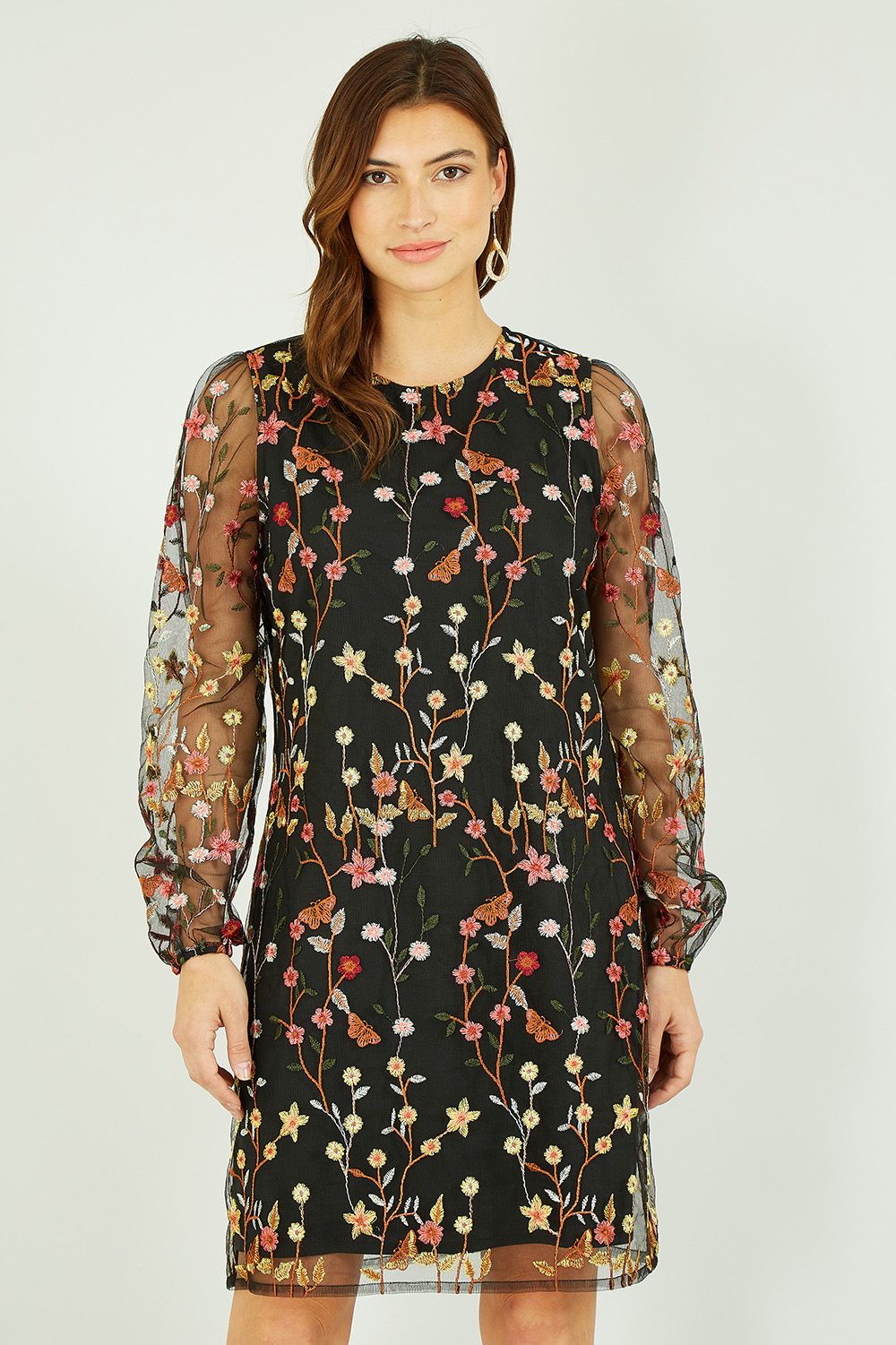 Black Embroidered Floral Tunic Dress