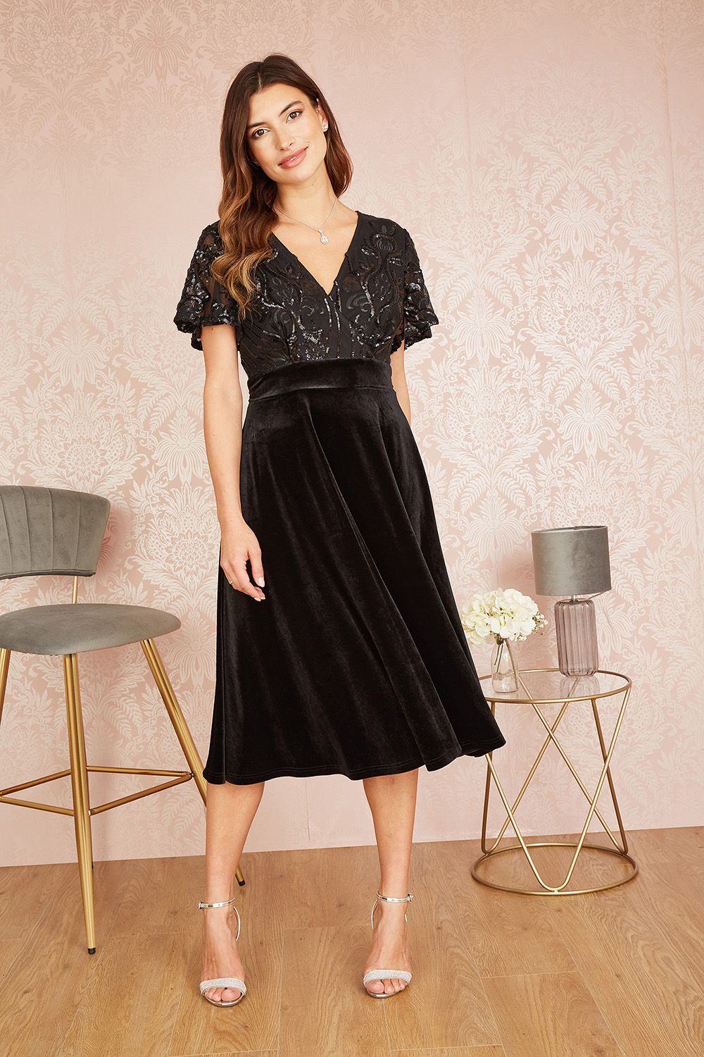 Black Embellished Velvet Wrap Skater Midi Dress