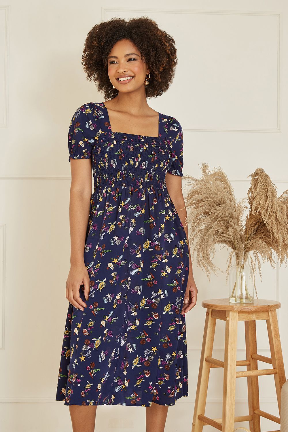 Navy Recycled Fabric Sealife Midi Dress