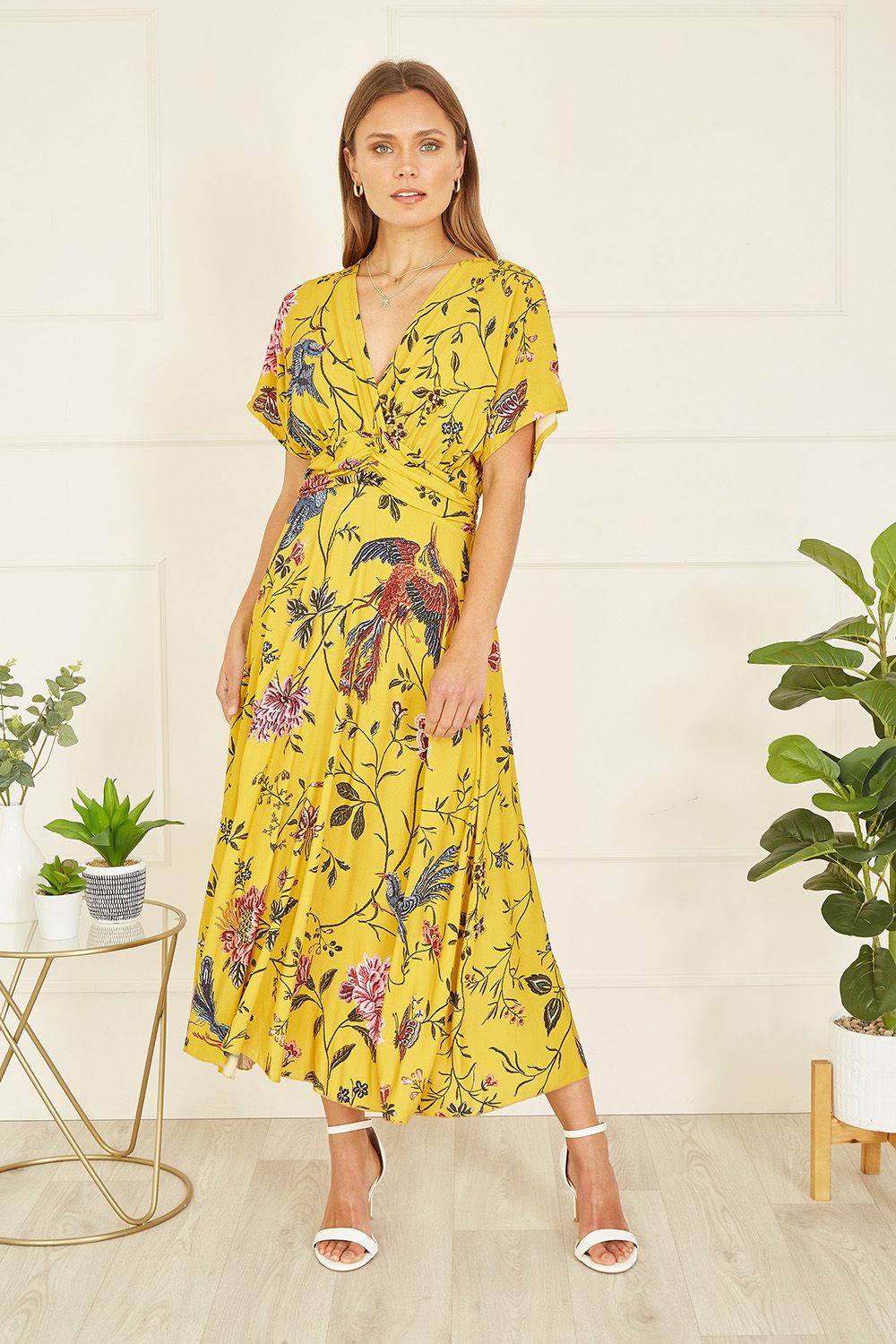 Yellow Viscose Bird And Floral Print Ruched Waist Midi Dress