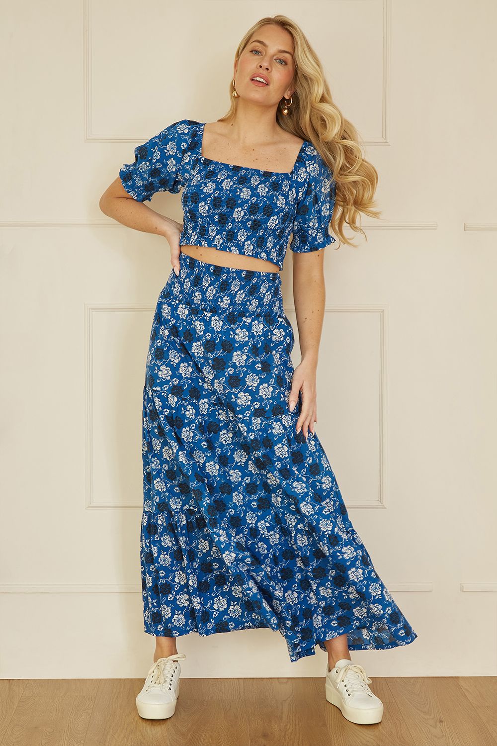 Blue Organic Cotton Voile Floral Ruched Crop Top