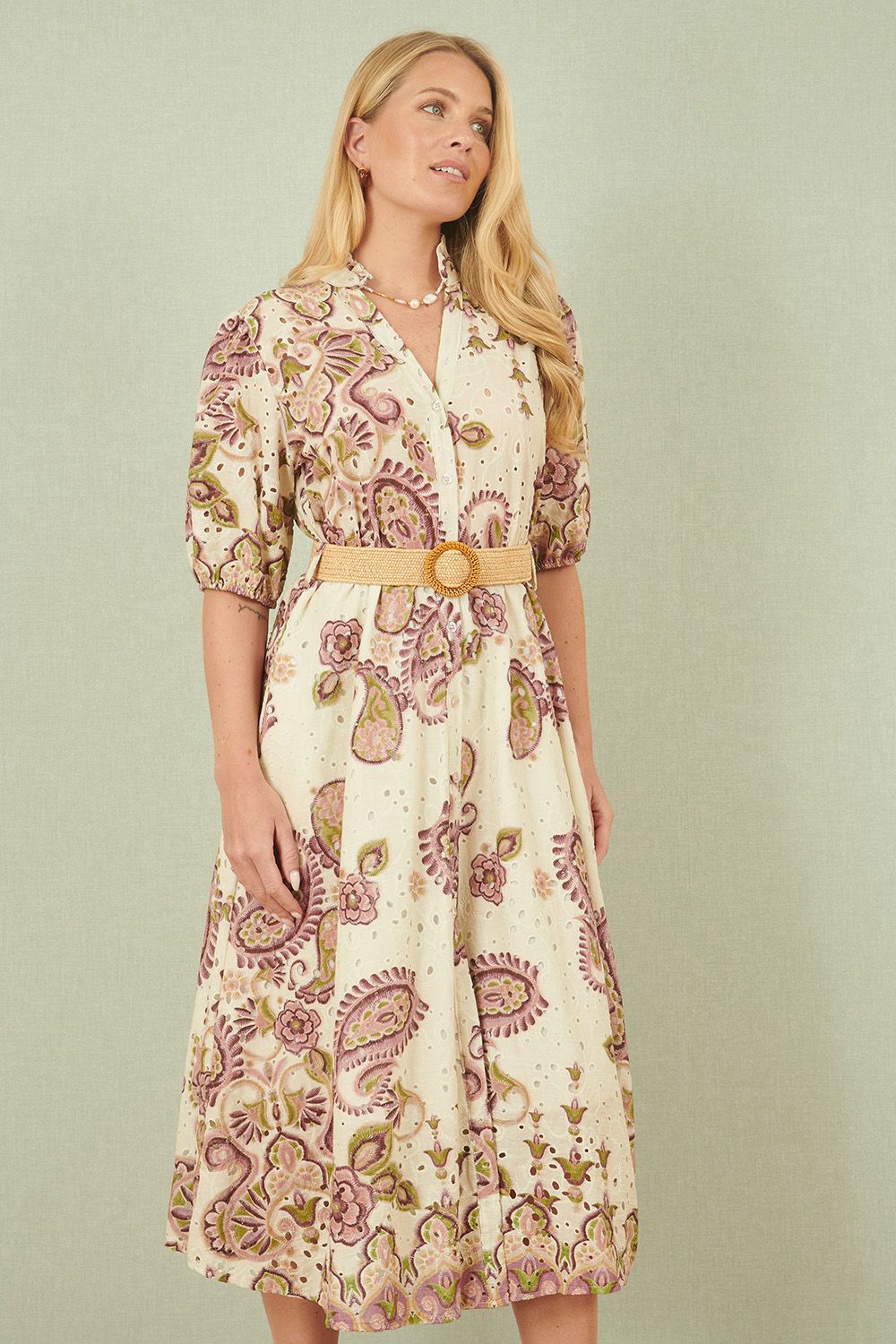 White Paisley Print Broderie Anglaise Cotton Midi Dress