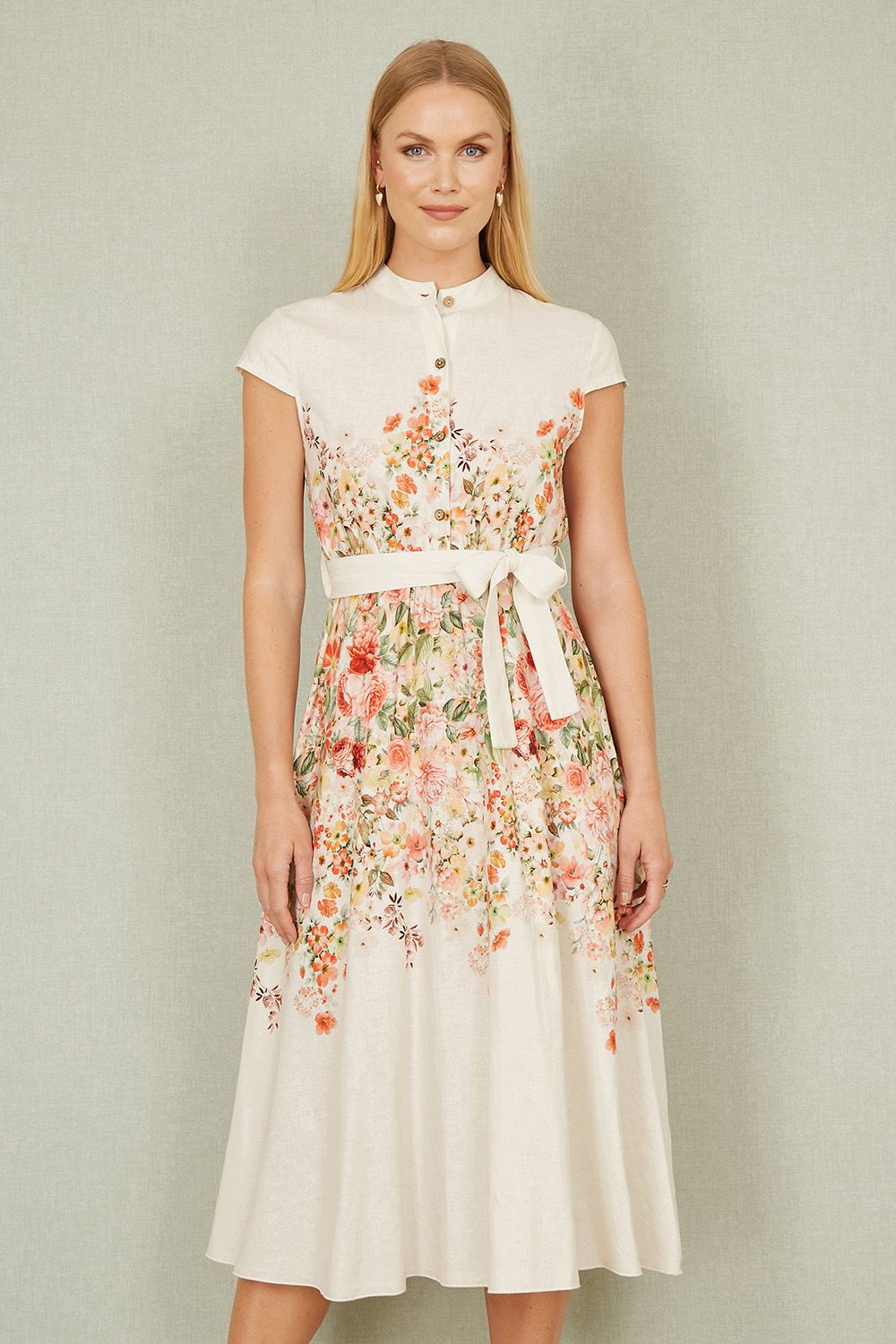 White Linen Floral Mirrored Placement Skater Dress