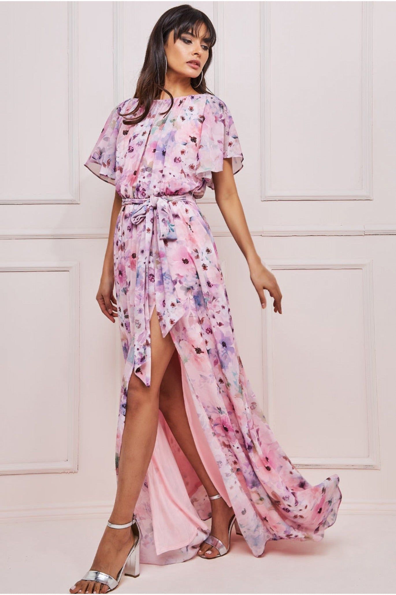 Wrap Back Flutter Sleeve Maxi Dress