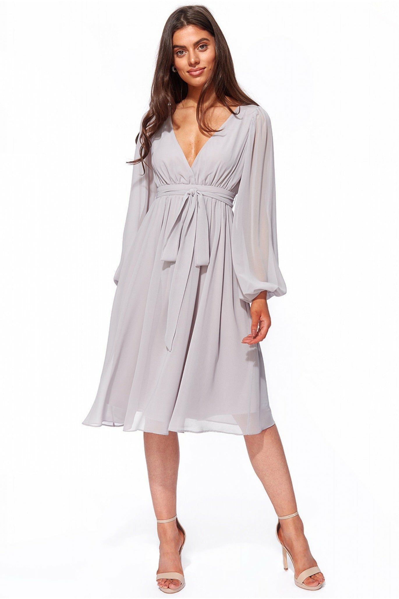 Wrap Back Chiffon Midi Dress With Blouson Sleeve
