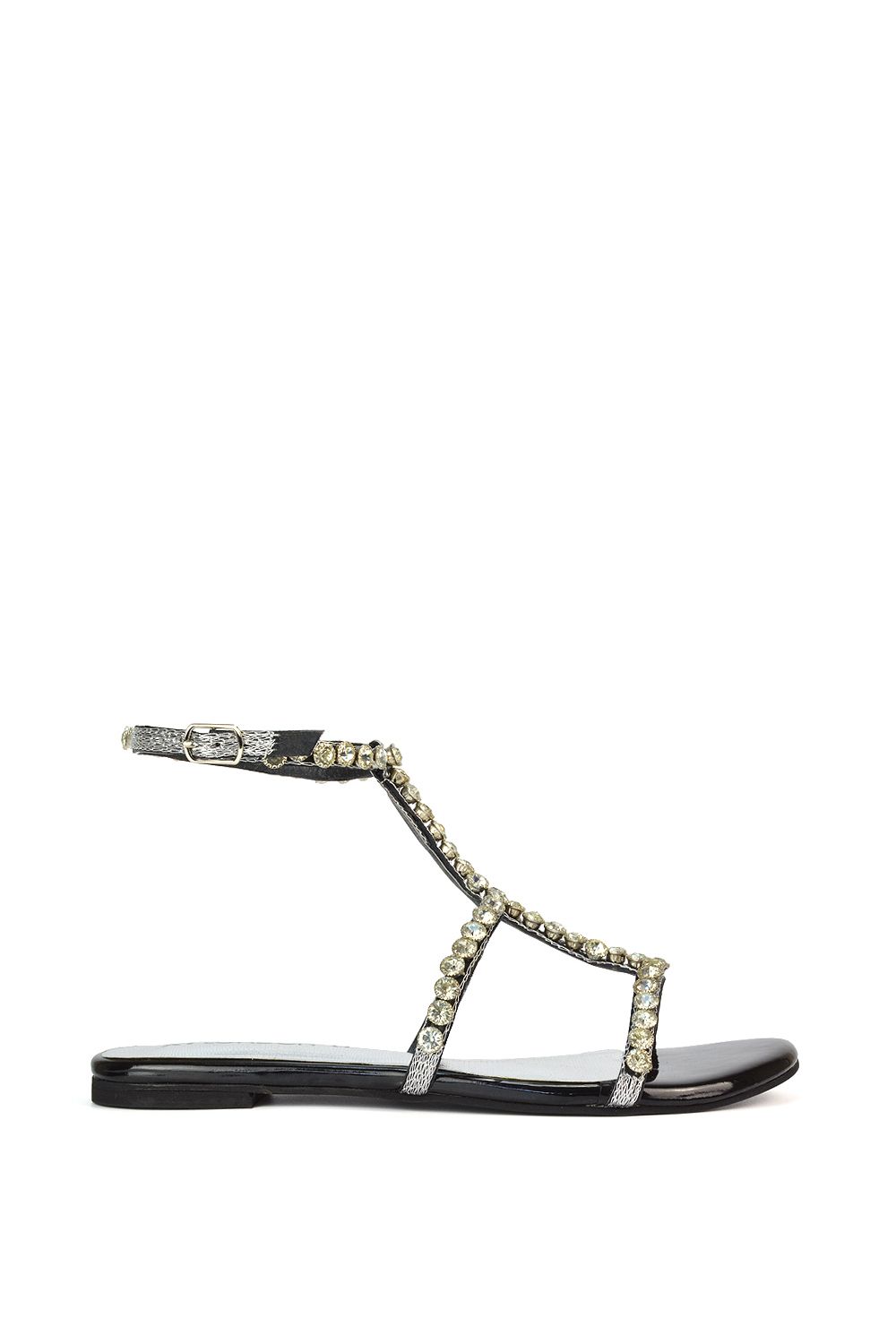 'Alisha' Sparkly Diamante Open Toe Flat Strappy Sandal Shoes With Ankle Strap