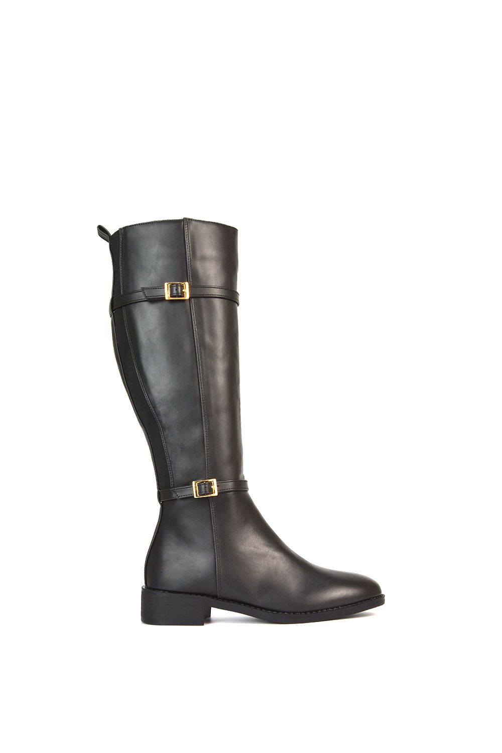 'Ellis' Flat Heel Stretch Knee High Long Boots With Buckle Details