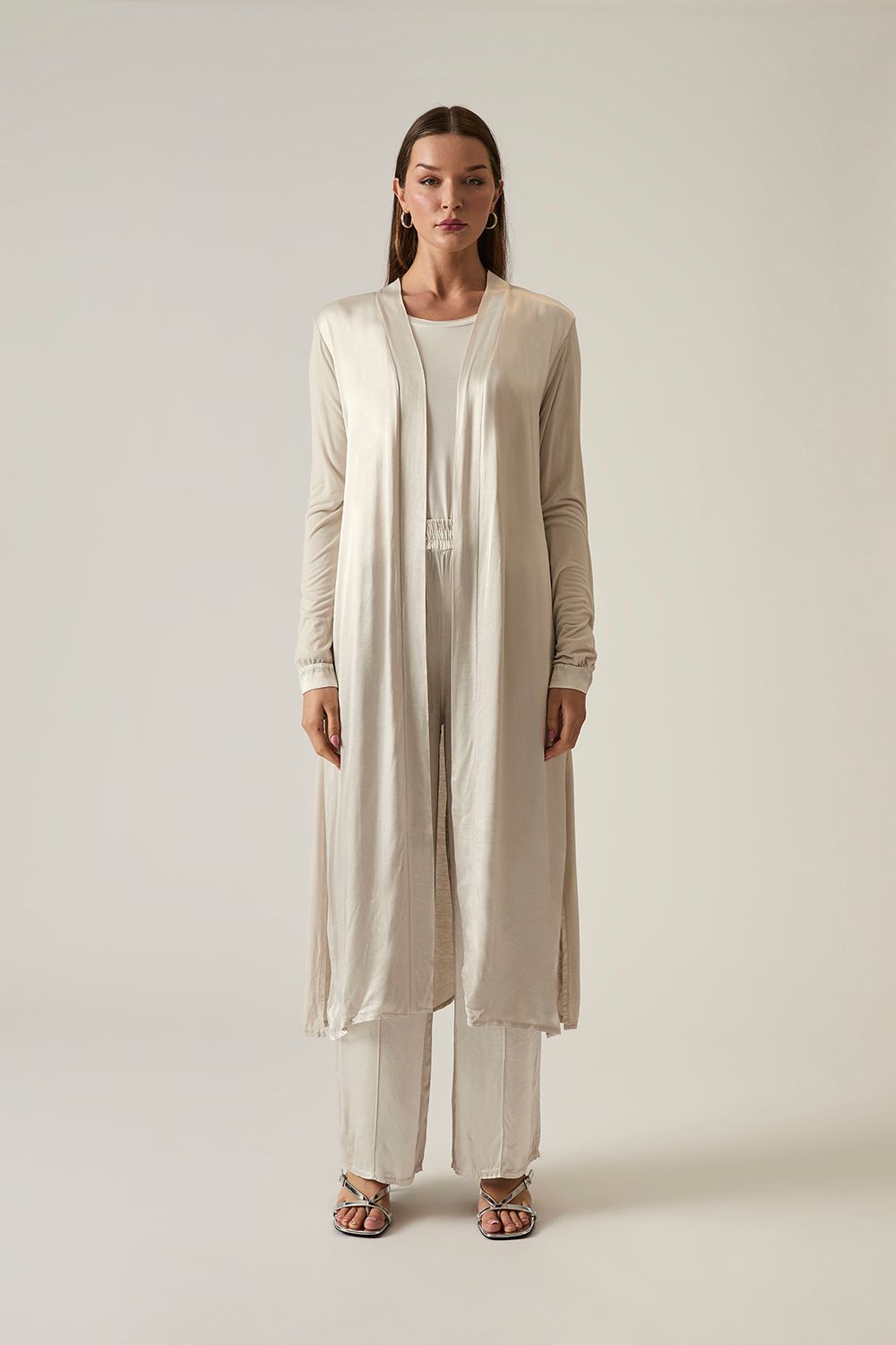 Long Satin Beige Cardigan