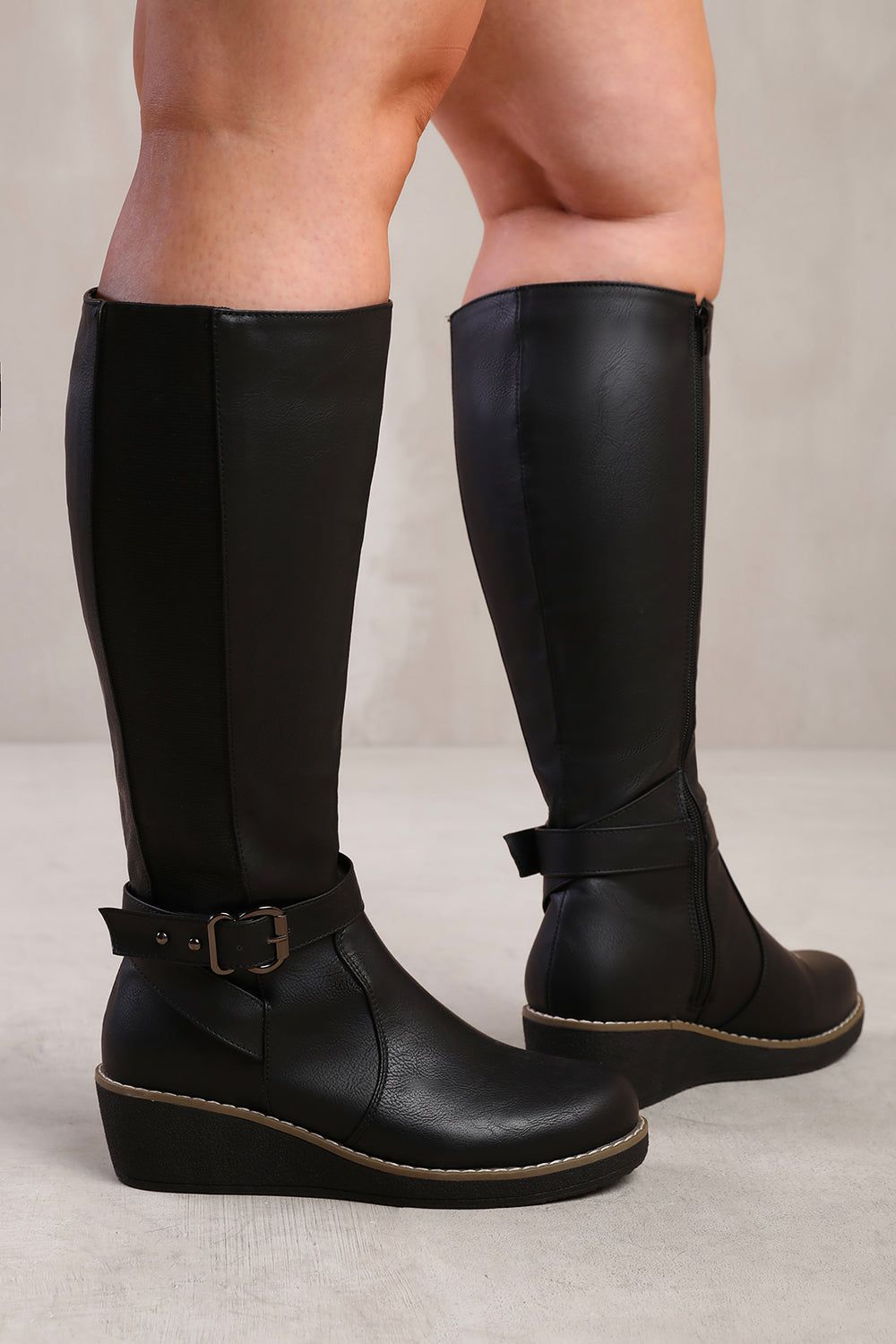 'Ayleen' Wide Calf Wedge Heel Knee High Boots With Elastic Panel