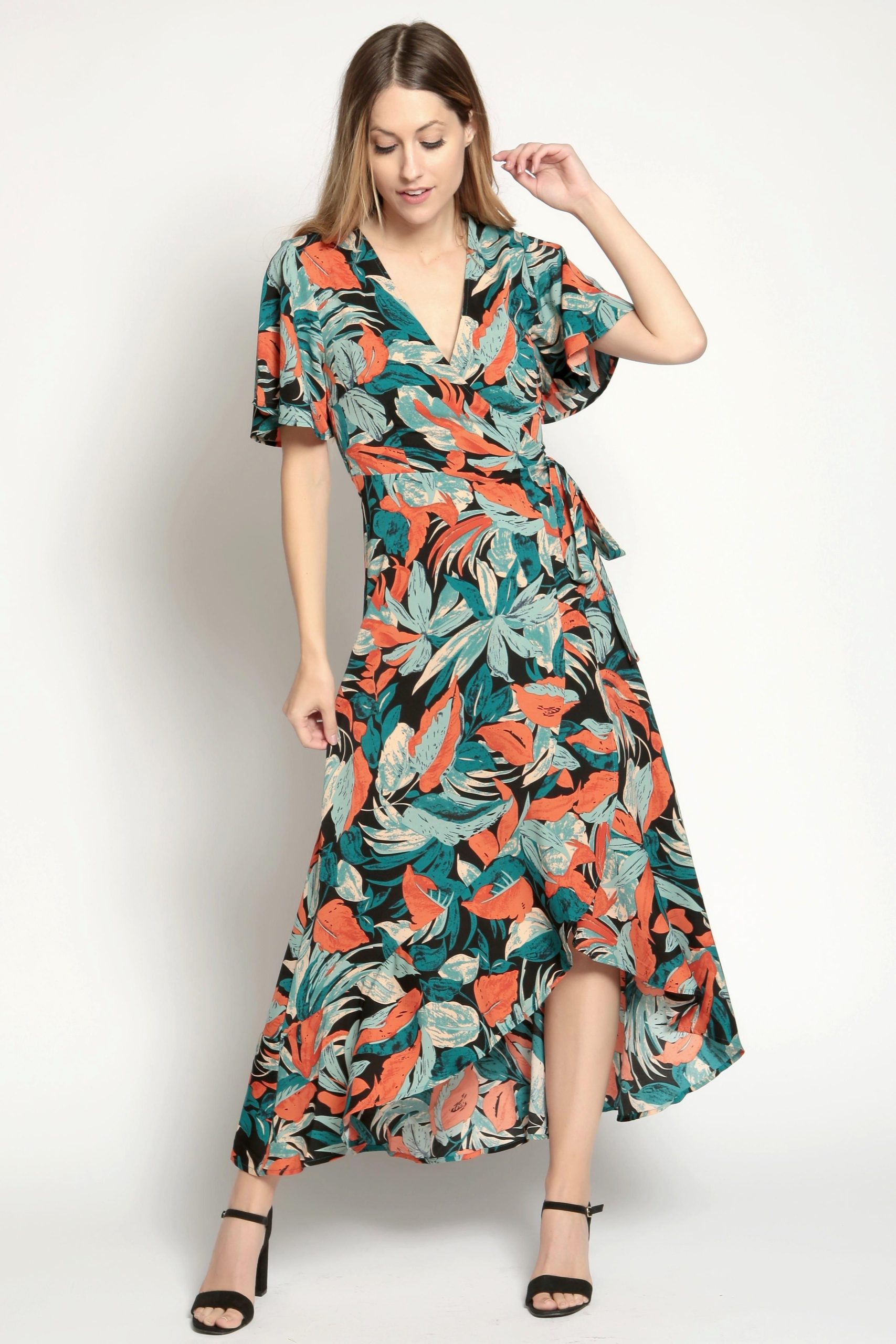 Leaf Print Ruffle Wrap Dress