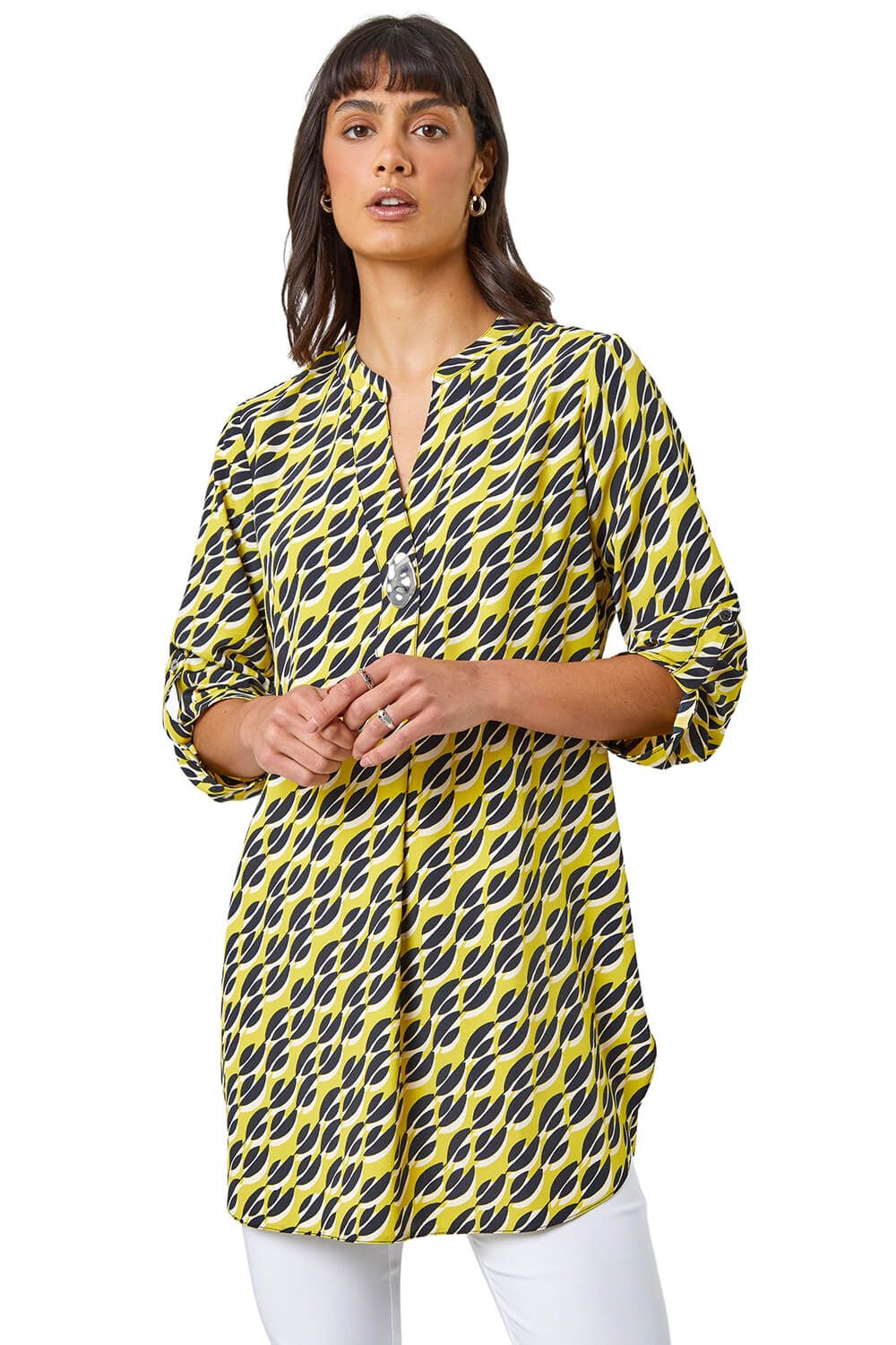 Abstract 3/4 Sleeve  V-Neck Longline Top